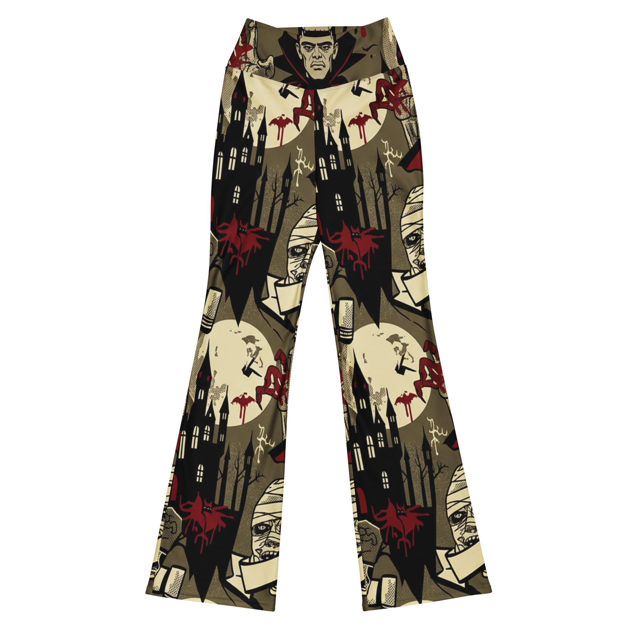 Universal Monsters Retro Flare Leggings by GearBunch, featuring sepia, blood red, cream, and jet black monster art.