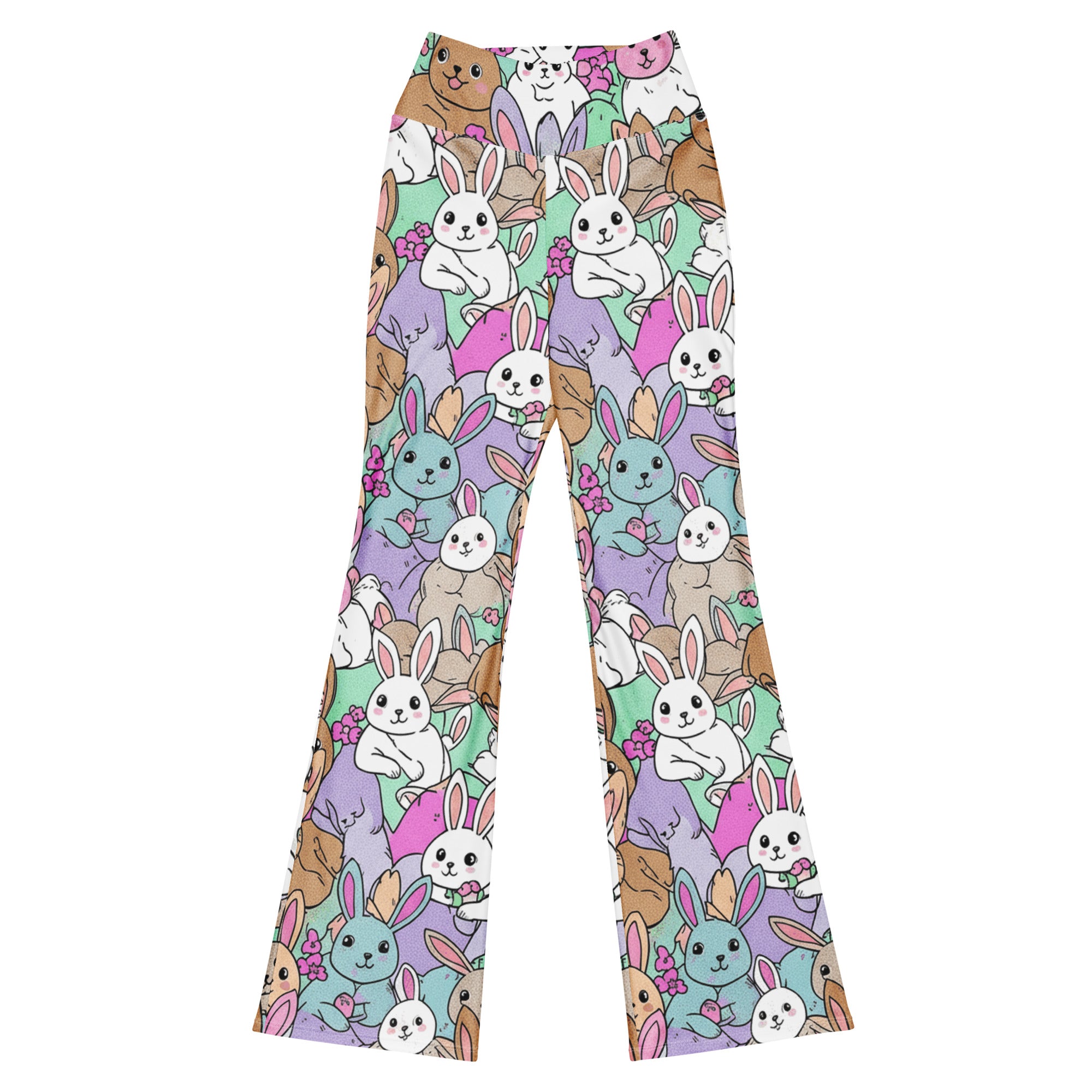 Vibrant Bunny Hop Flare Leggings by GearBunch, featuring cute cartoon bunnies in soft pink, lavender, and mint green.