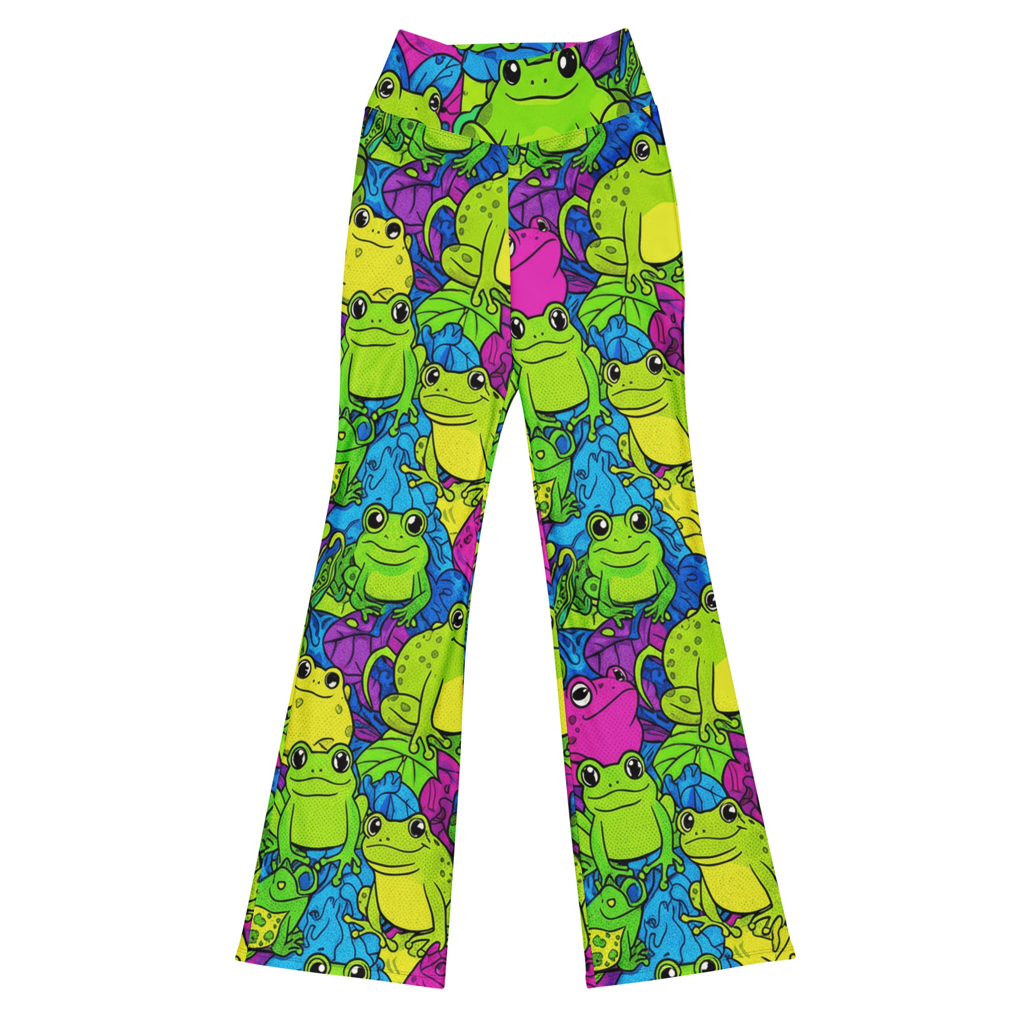 Full length image of Vibrant Frog Pond Flare Leggings, featuring colourful frog and toad print. GearBunch Flare Leggings for bold activewear.