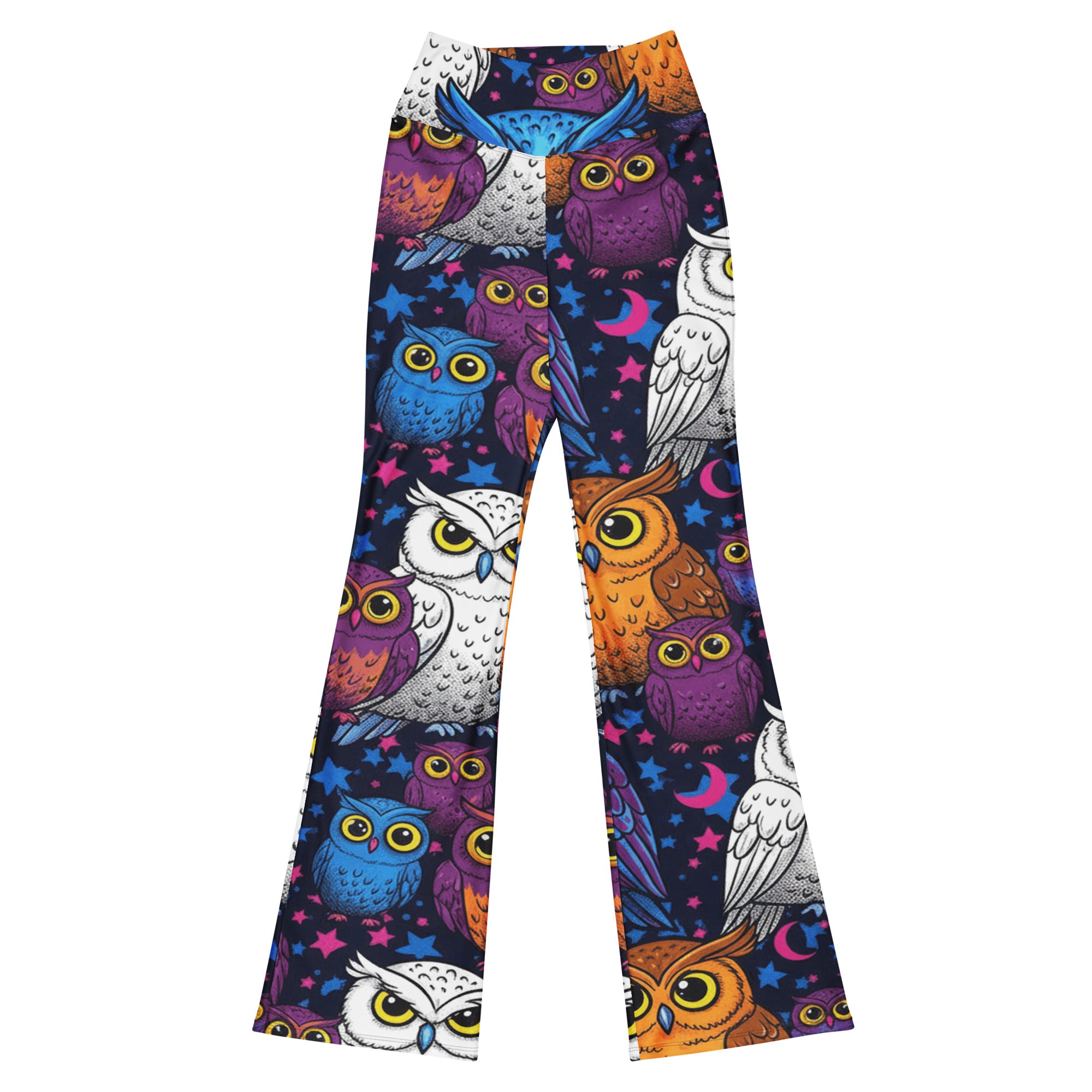 Vibrant Owl Night Flare Leggings from GearBunch, featuring an all-over print of colourful owls in deep purple and electric blue.