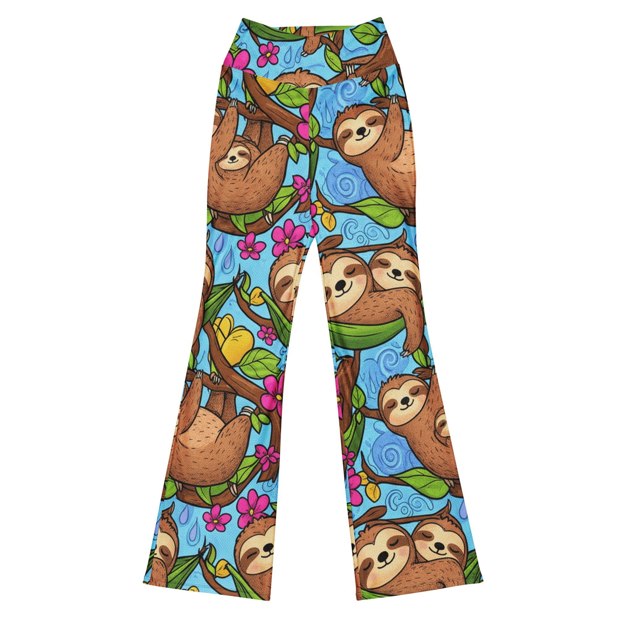 Vibrant Sloth Chill Flare Leggings by GearBunch. Cute sloths in rich brown, vivid green, hot pink, sky blue, sunny yellow, lavender hues.
