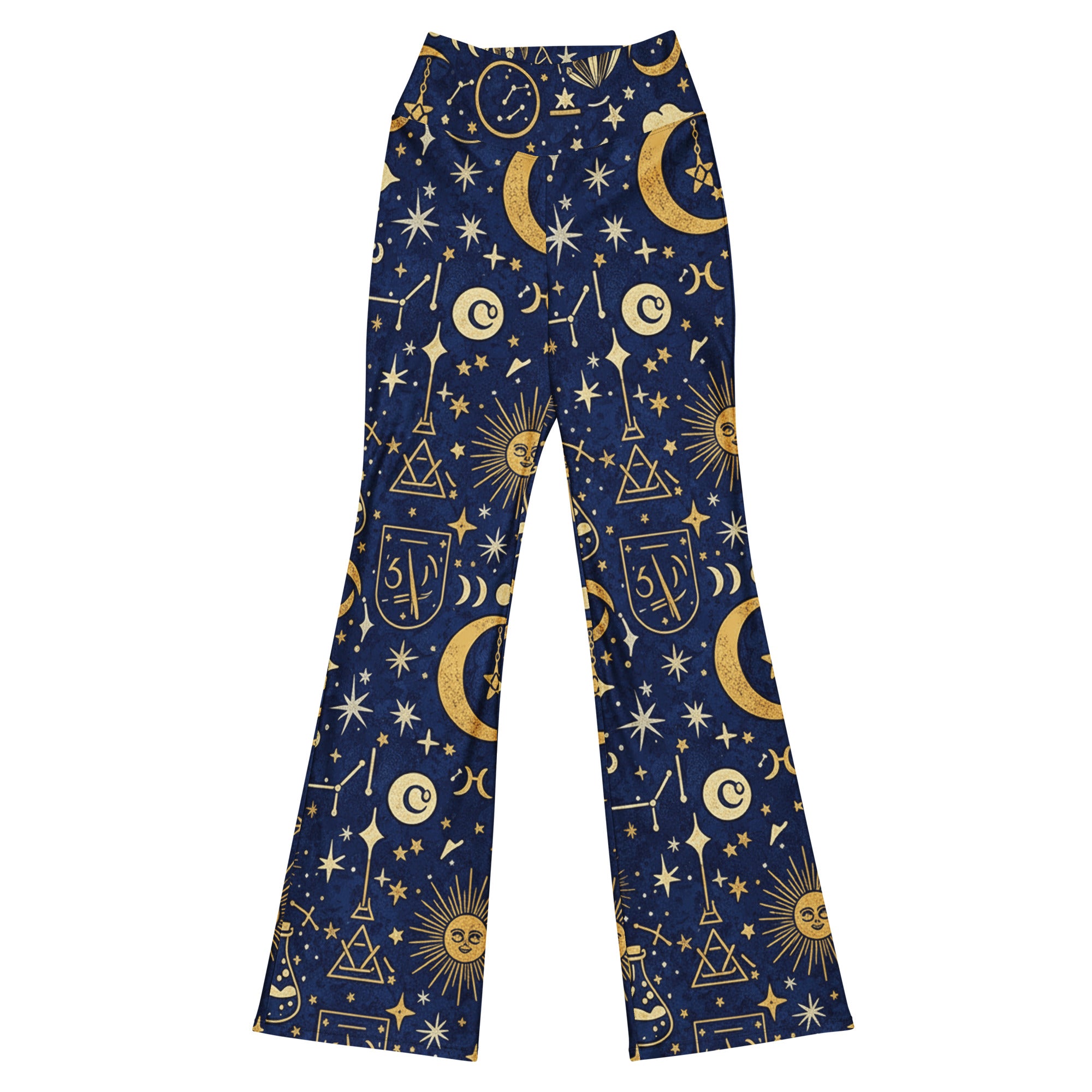 Witching Hour Constellation Flare Leggings by GearBunch, featuring a celestial star map print in midnight blue, antique silver, antique gold, and ivory.
