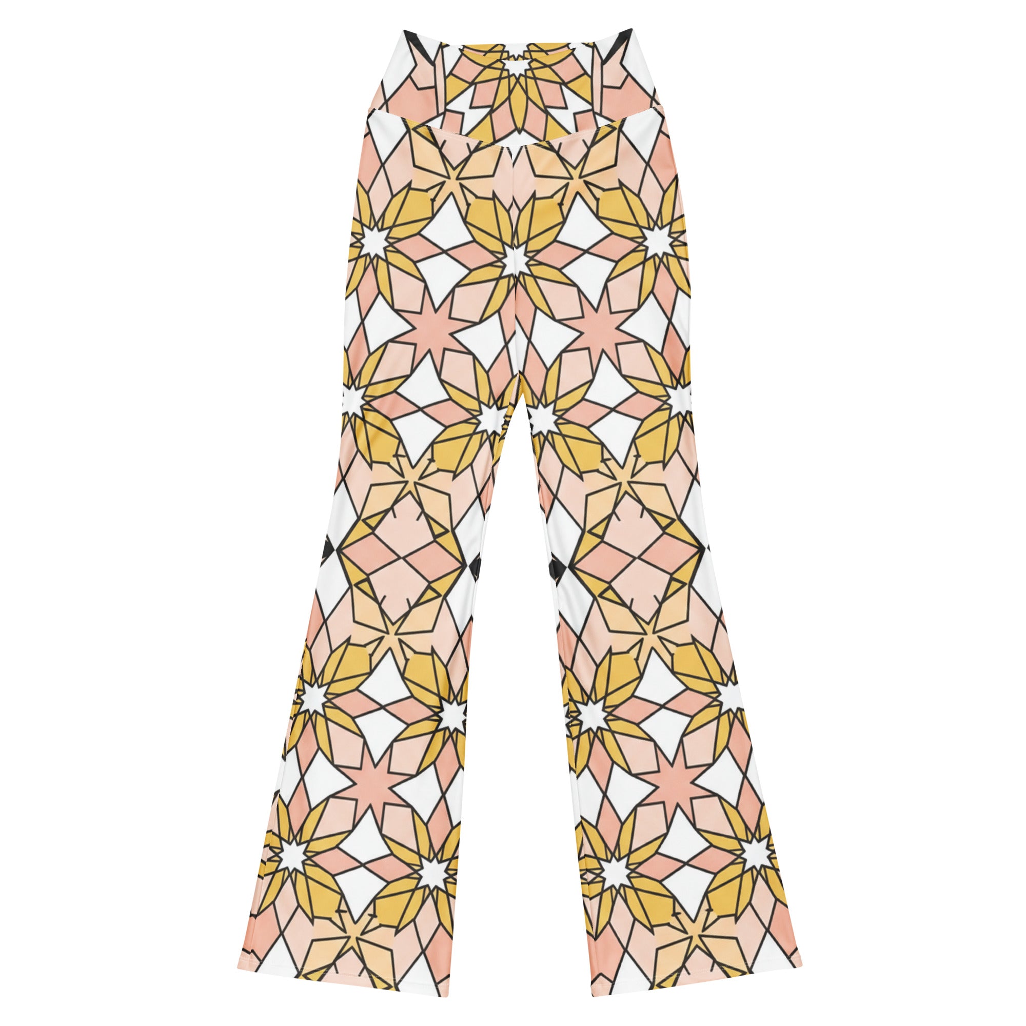 Zellige Blush Gold Flare Leggings with intricate geometric pattern in blush, rose gold, and charcoal by GearBunch