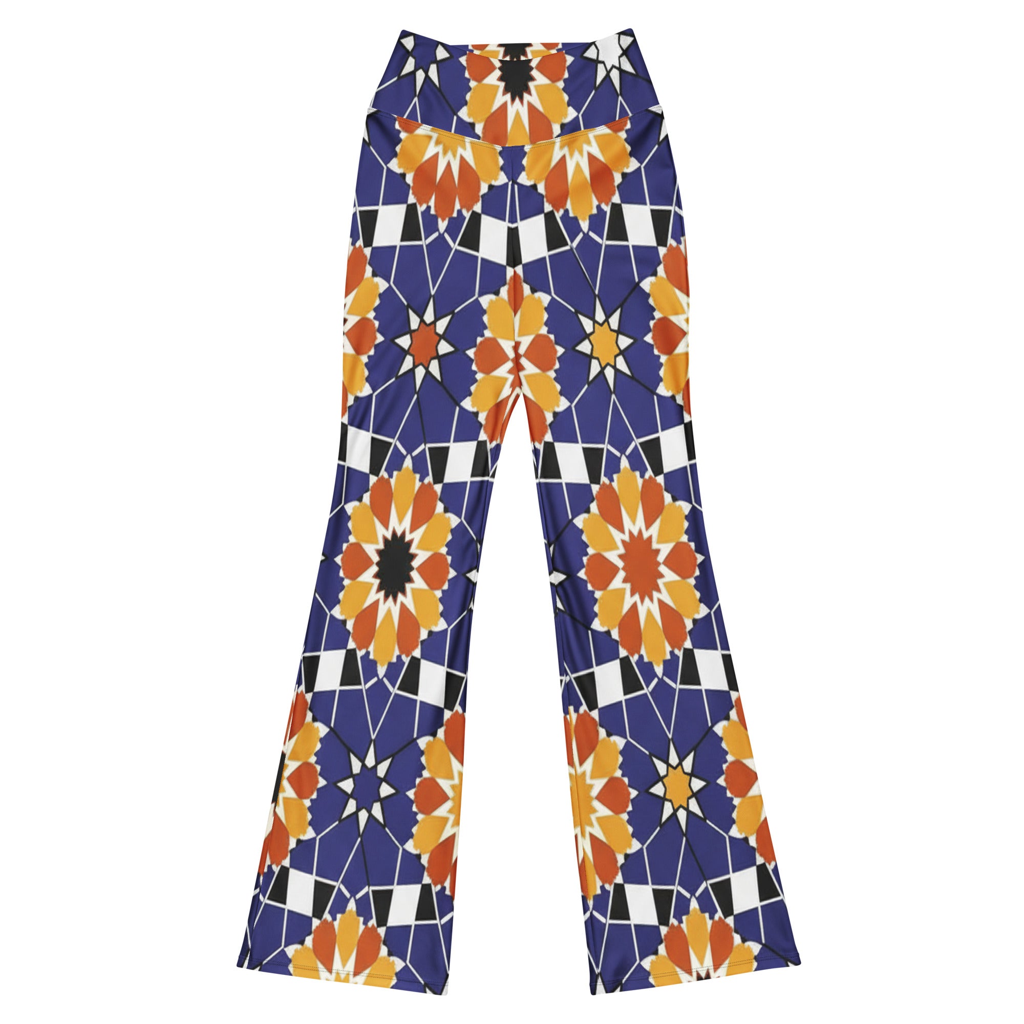 Full-length view of GearBunch Zellige Indigo Saffron Flare Leggings showcasing bold mosaic patterns.