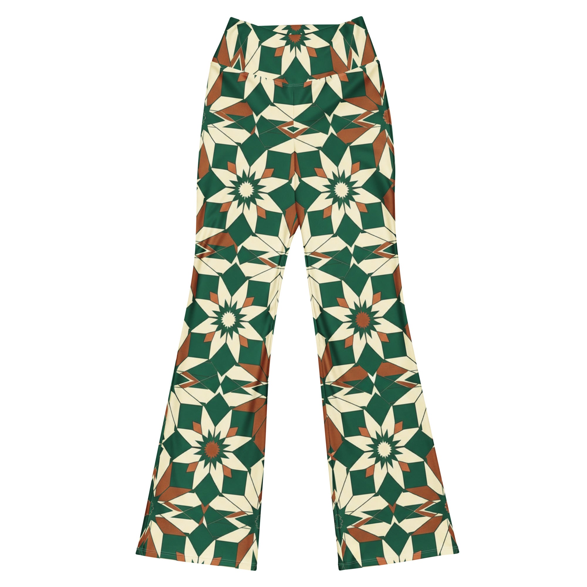 Model wearing Zellige Jade Copper Flare Leggings from GearBunch, showcasing the intricate green and copper geometric pattern.