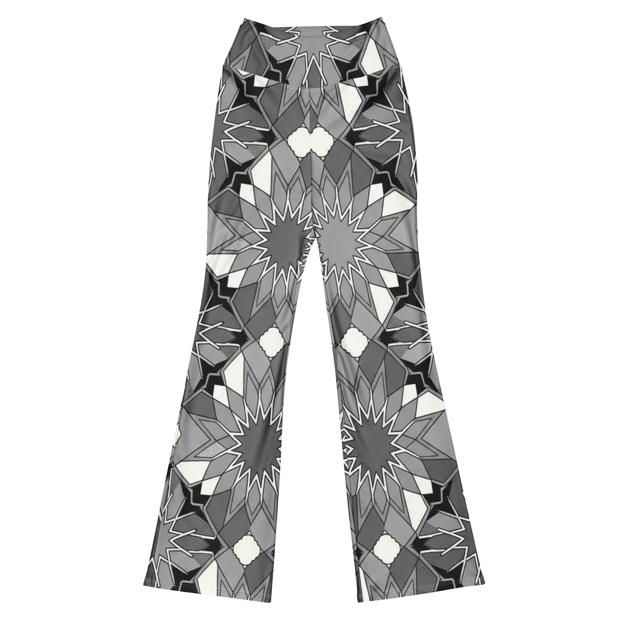 GearBunch Zellige Monochrome Flare Leggings featuring intricate black, white, and grey geometric patterns.