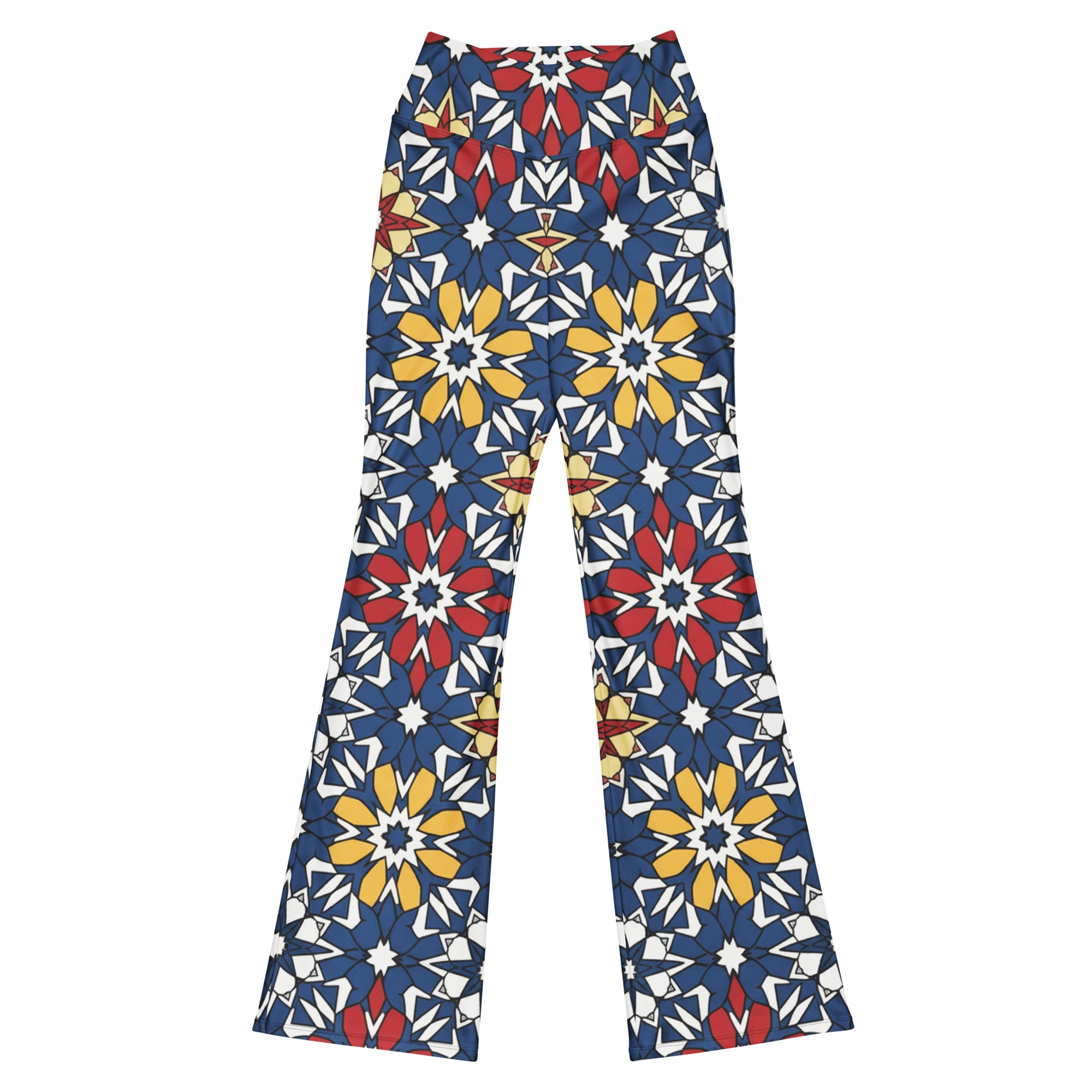 GearBunch Zellige Sapphire Ruby Flare Leggings featuring intricate geometric patterns in blue, red, gold, white, and black.