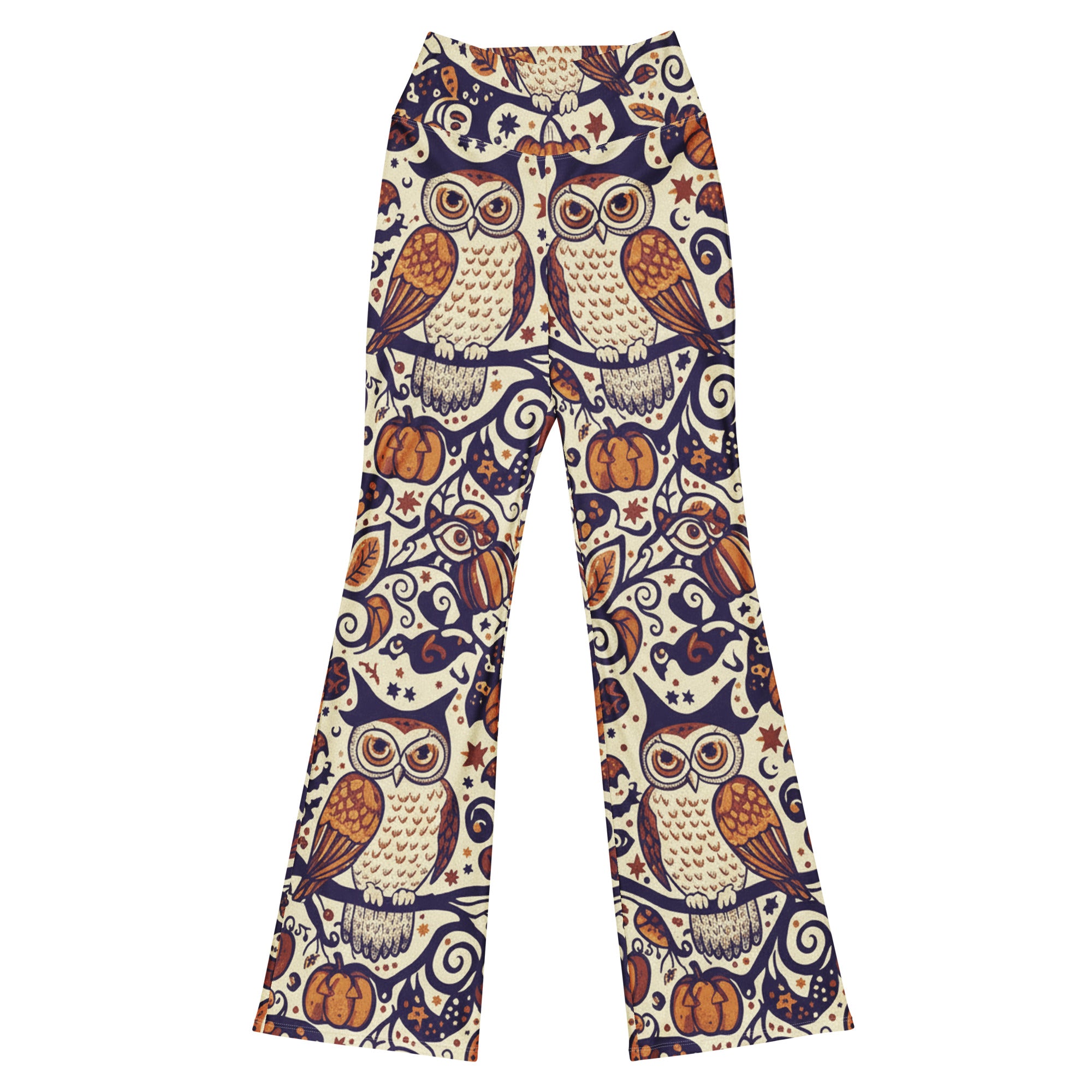 GearBunch All Hallows Eve Owl Flare Leggings. Intricate owl design in midnight blue, golden mustard, deep plum, and rustic red for active women.