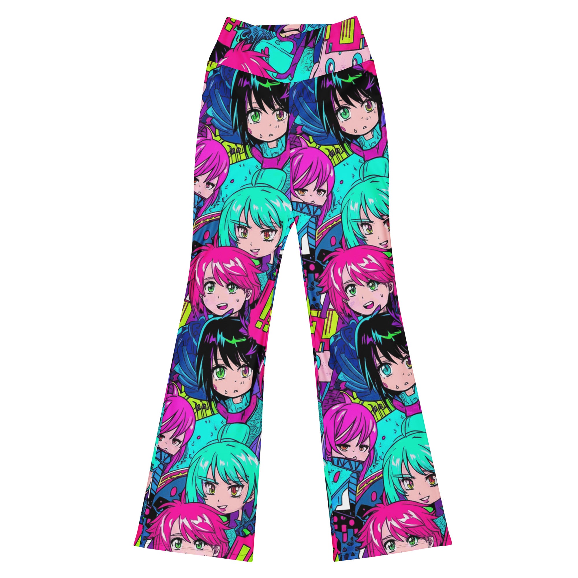 GearBunch Anime Collage Cyberpunk Flare Leggings for women. Vibrant neon anime faces, manga elements in electric green, hot pink.