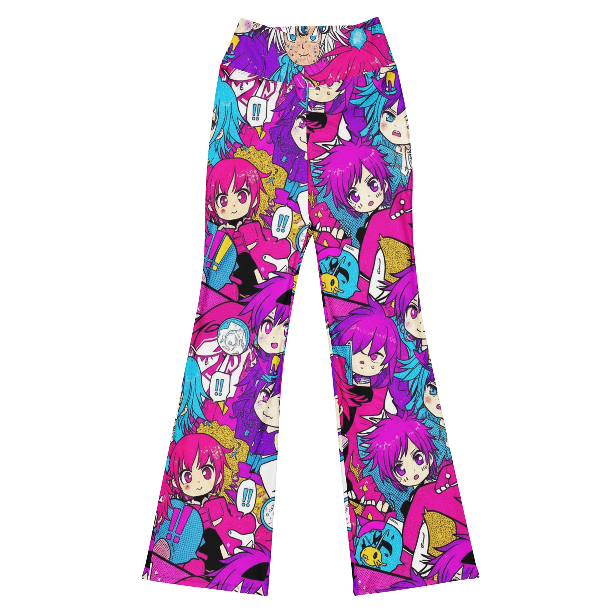 GearBunch Anime Collage Pop Idol Flare Leggings with vibrant, high-contrast manga character faces in electric pink, purple, and blue.