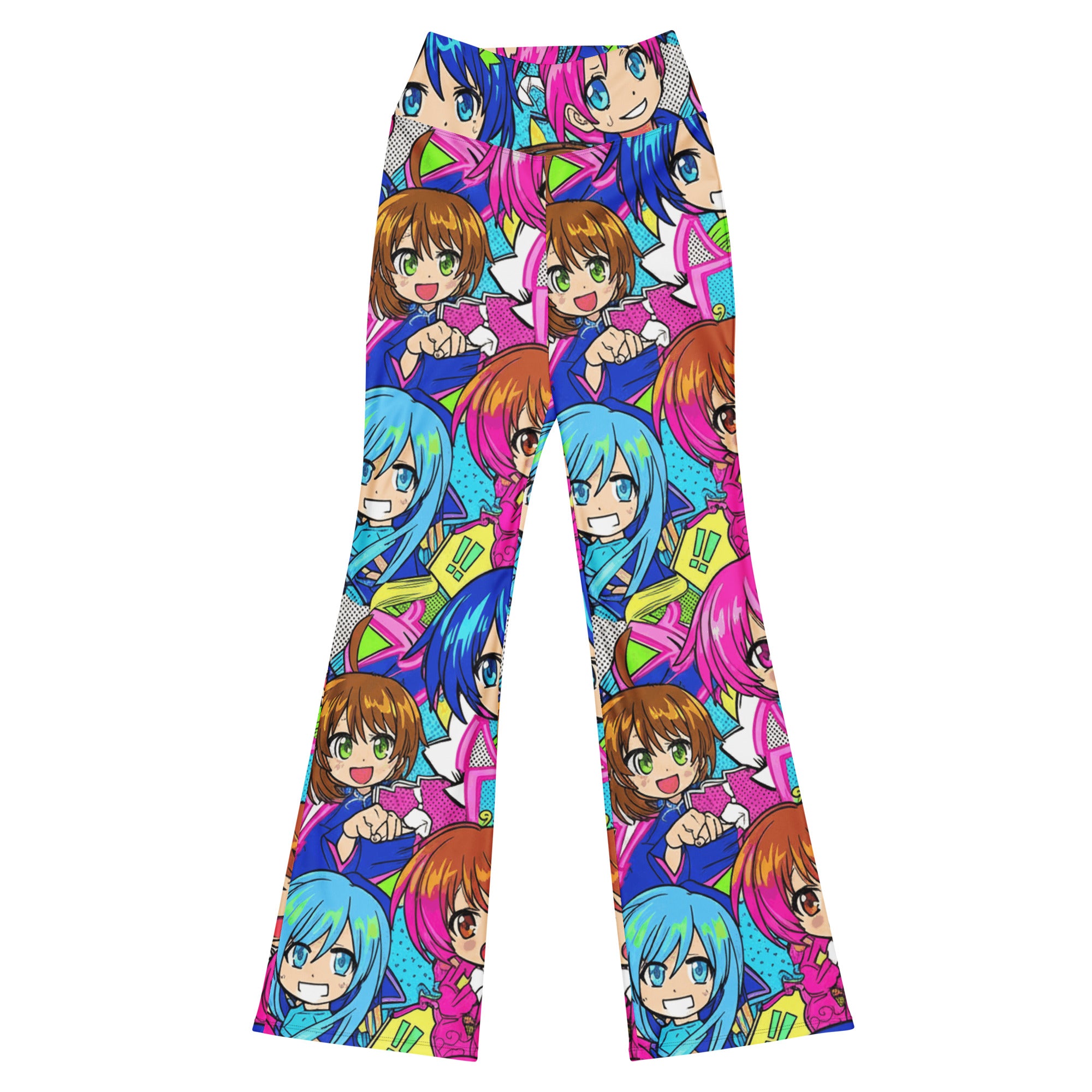 GearBunch Anime Collage Sakura School Flare Leggings. Vibrant pink, navy, and white anime print. Dynamic women's activewear.