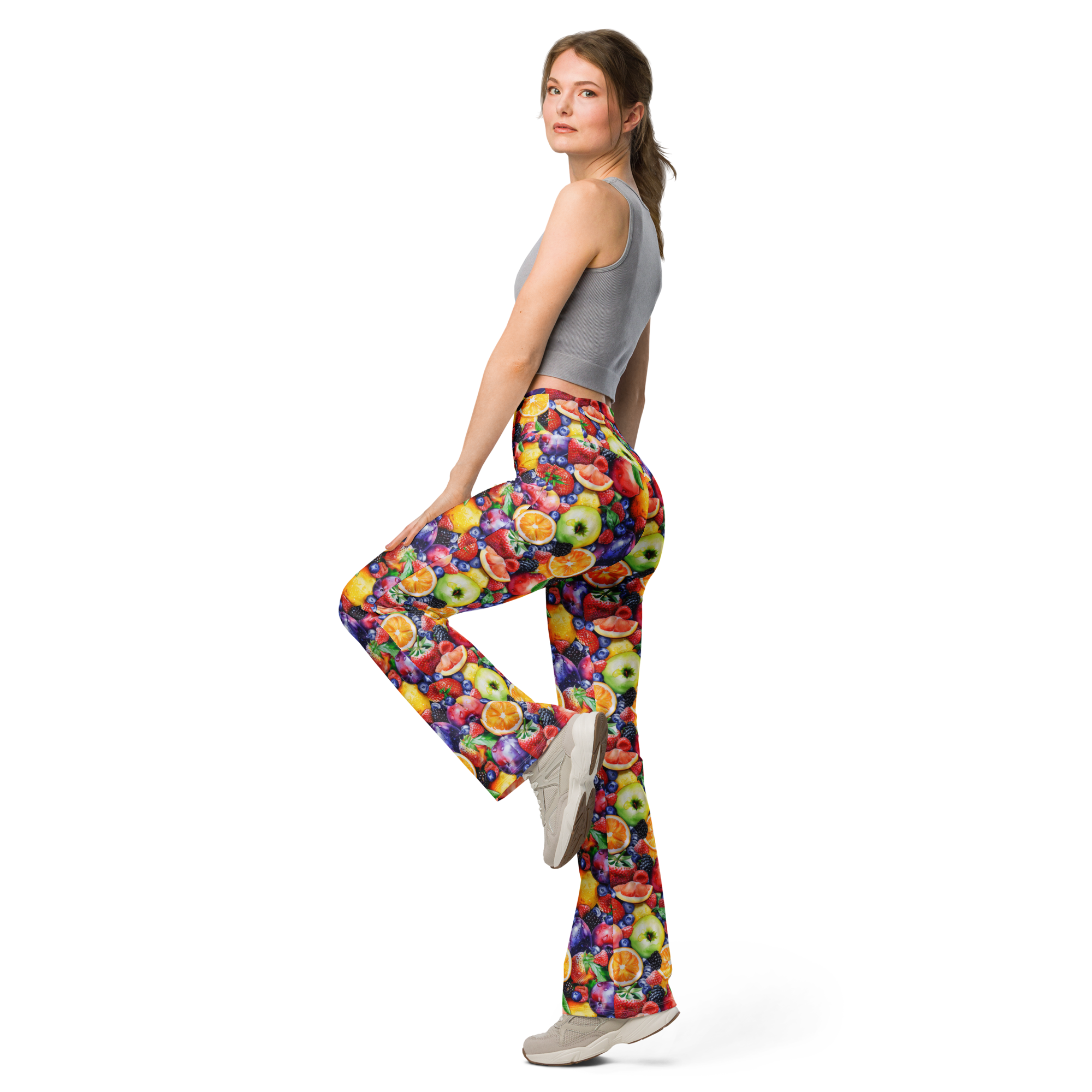Women's watercolor fruit patterned leggings front view