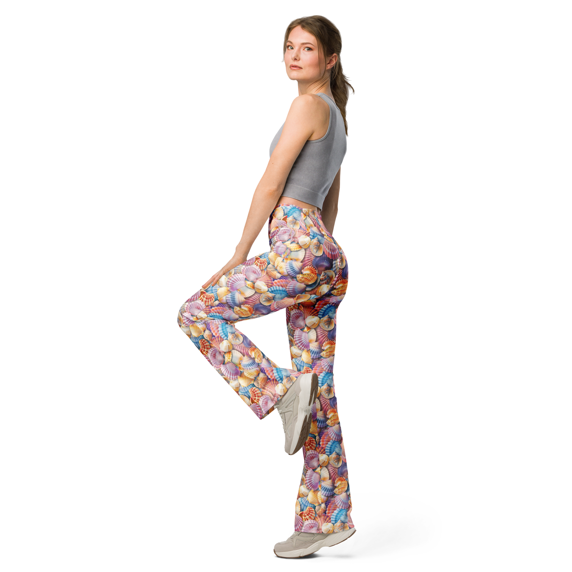 Women's sea shell printed flare leggings front view