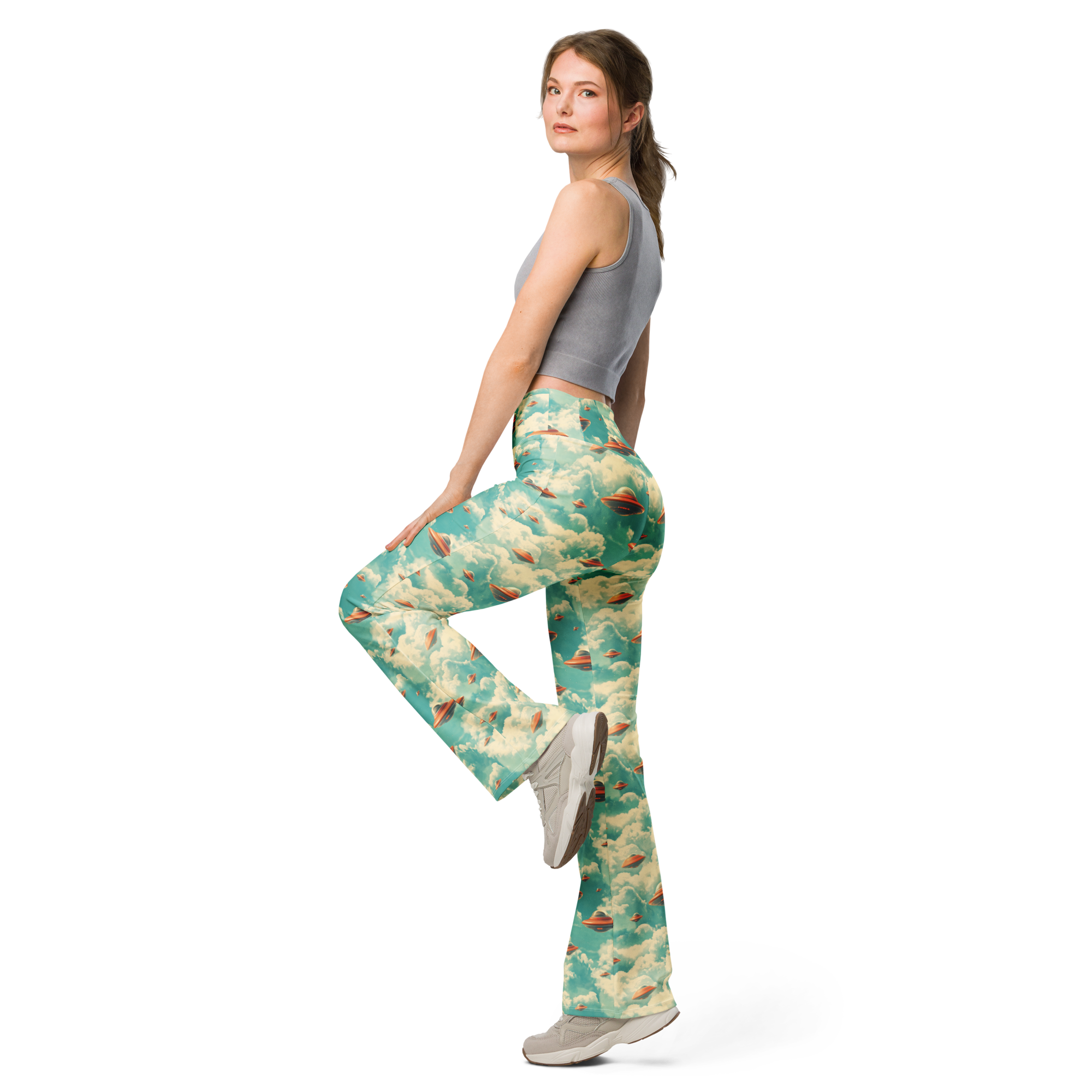 Women's flying saucer printed flare leggings front view
