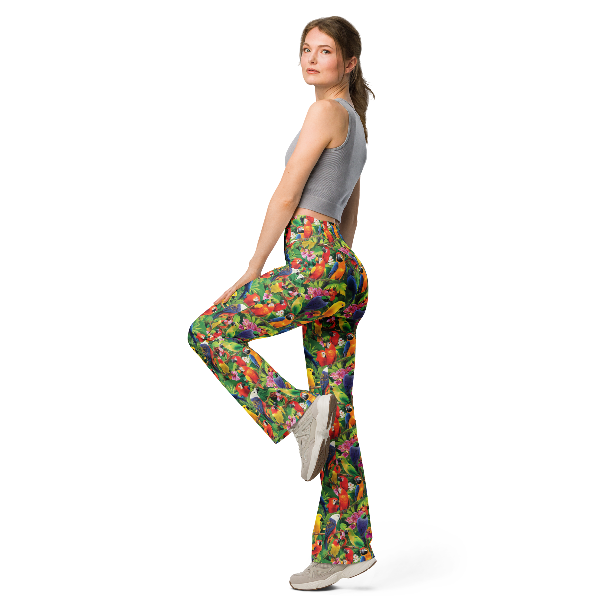 Women's tropical bird printed flare leggings front view