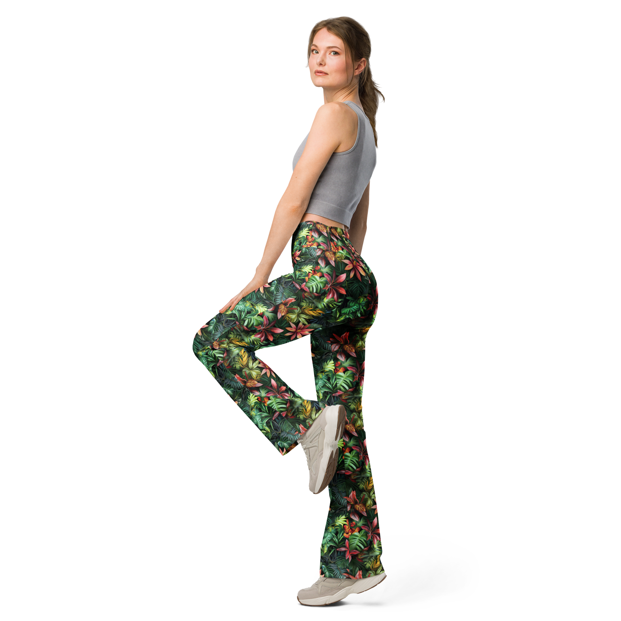 Women's jungle flower flare leggings front view