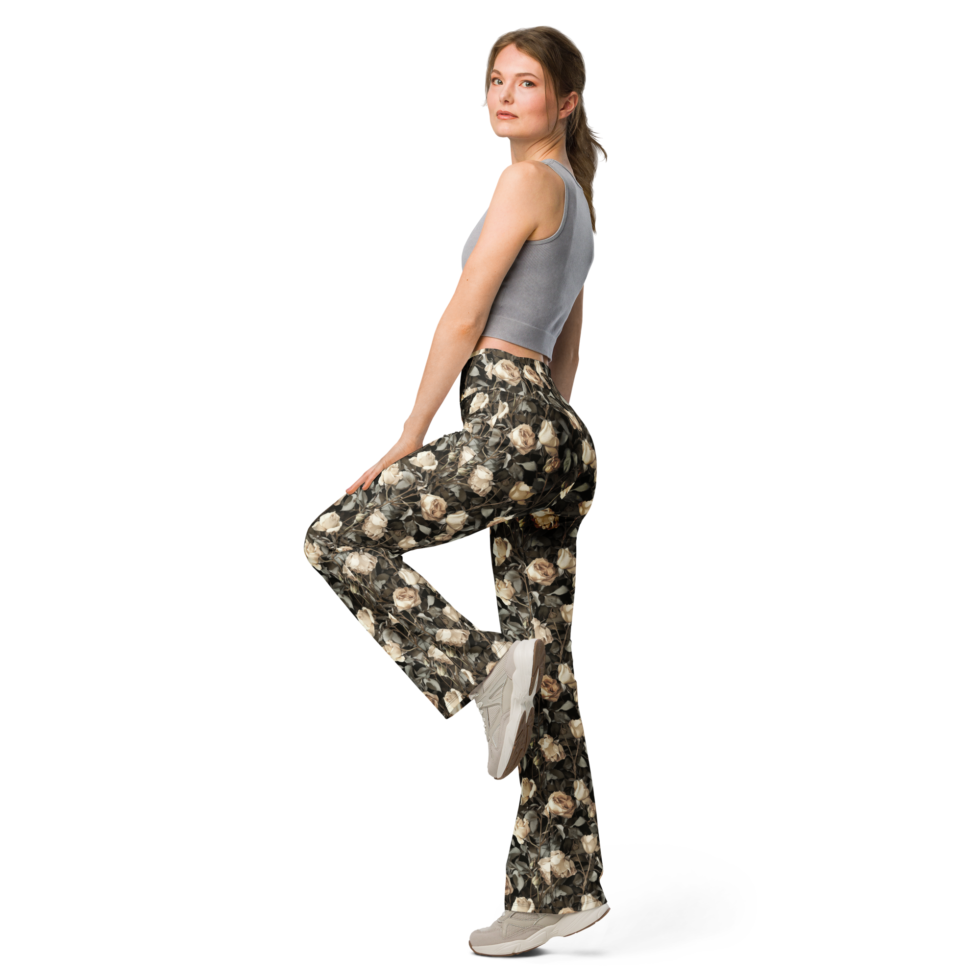 Women's wilted rose printed flare leggings front view