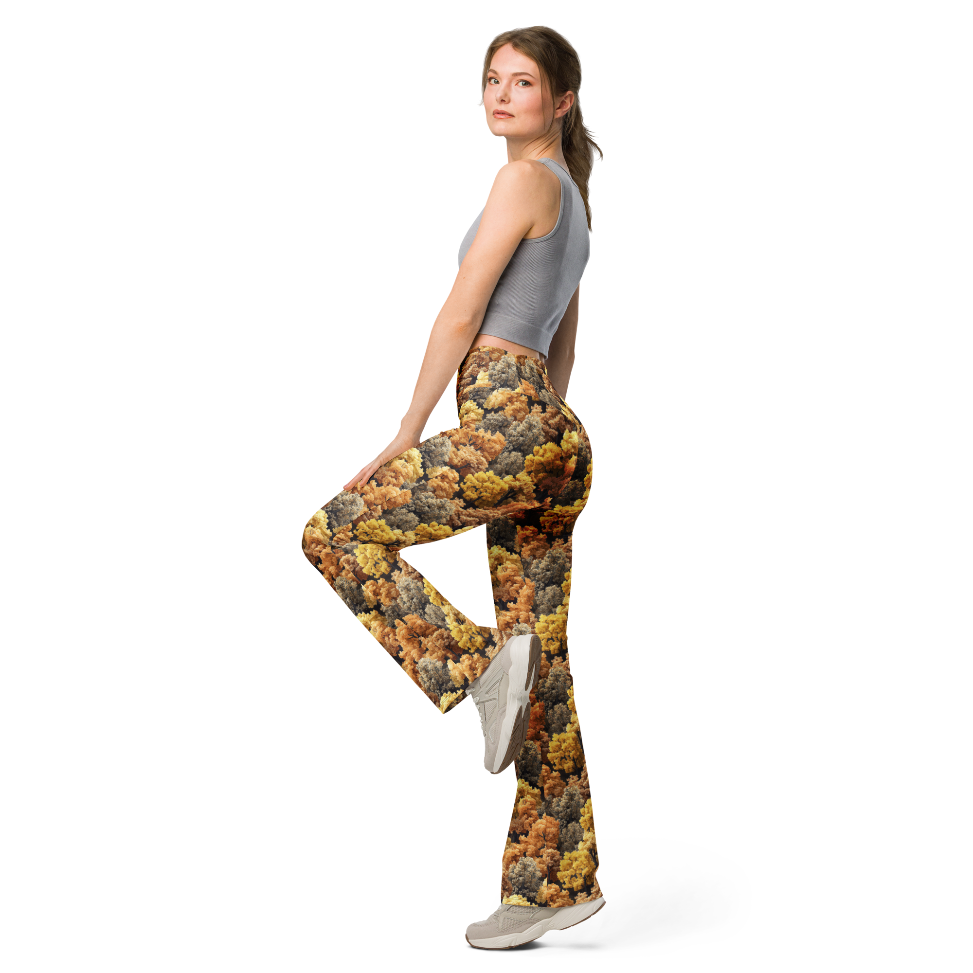 Women's autumn forest printed flare leggings front view
