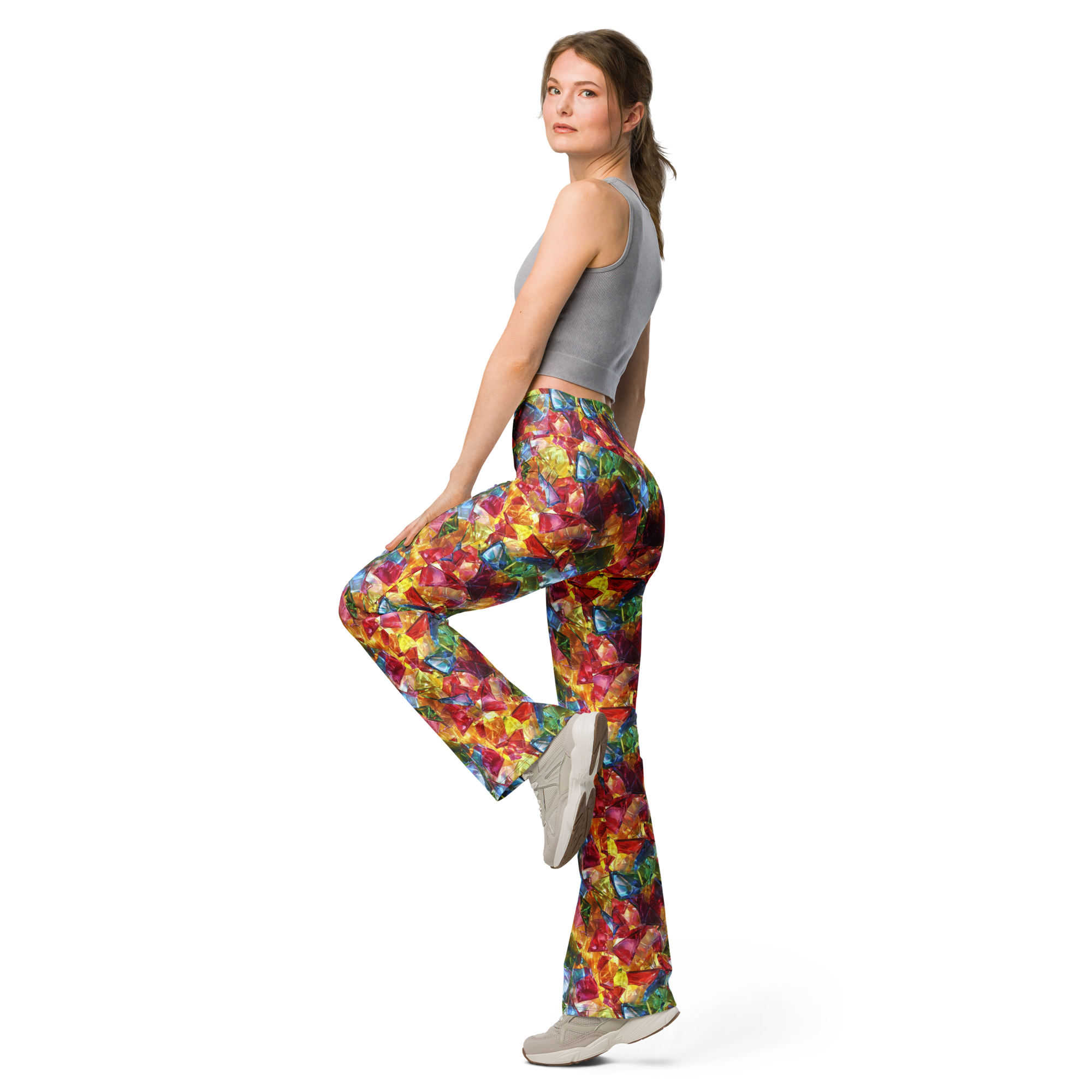 Women's broken glass printed flare leggings front view