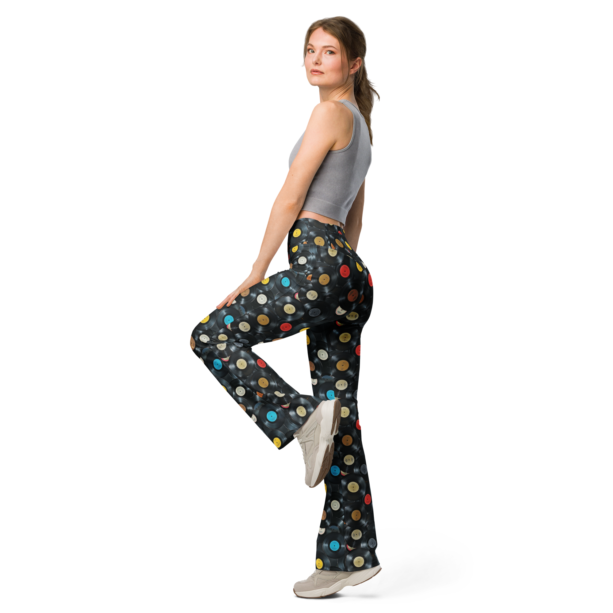 Women's vinyl record print flare leggings front view