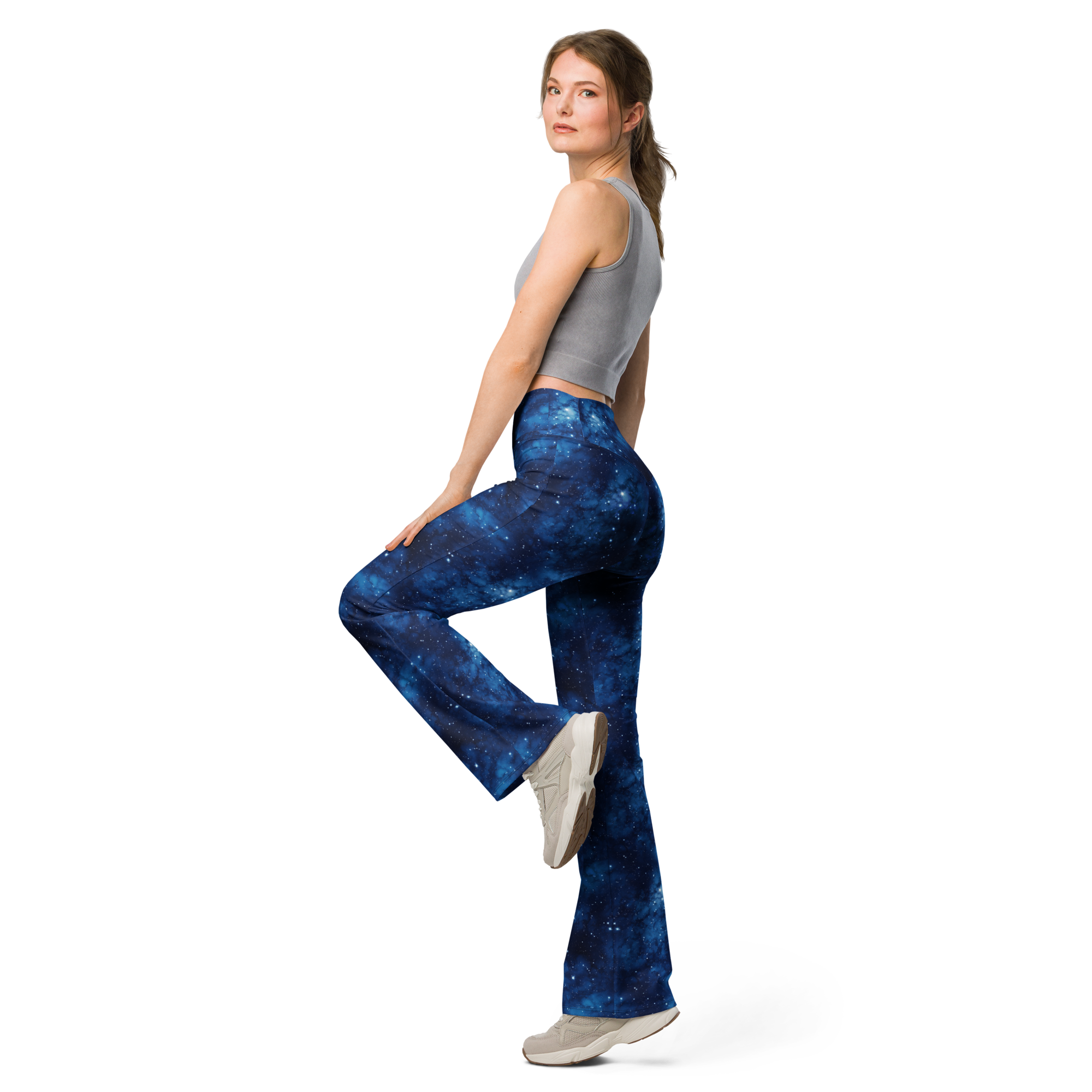 Women's deep space patterned flare leggings front view