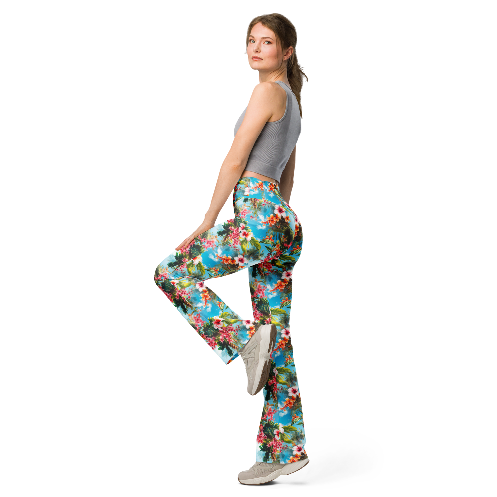 Women's tropical beach flower printed flare leggings front view