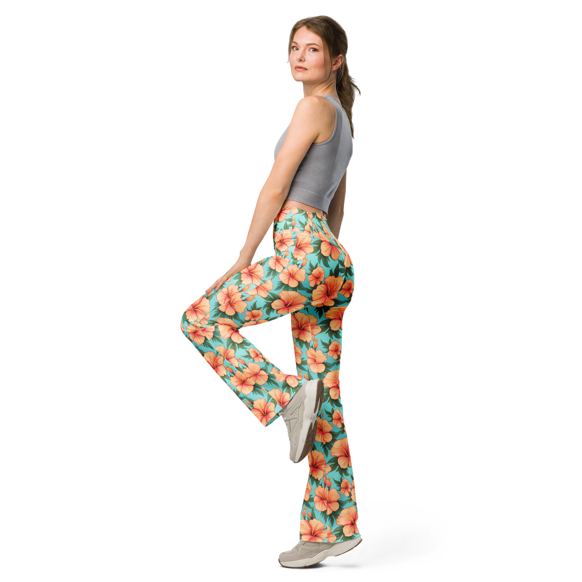 Women's tropical hibiscus printed flare leggings front view