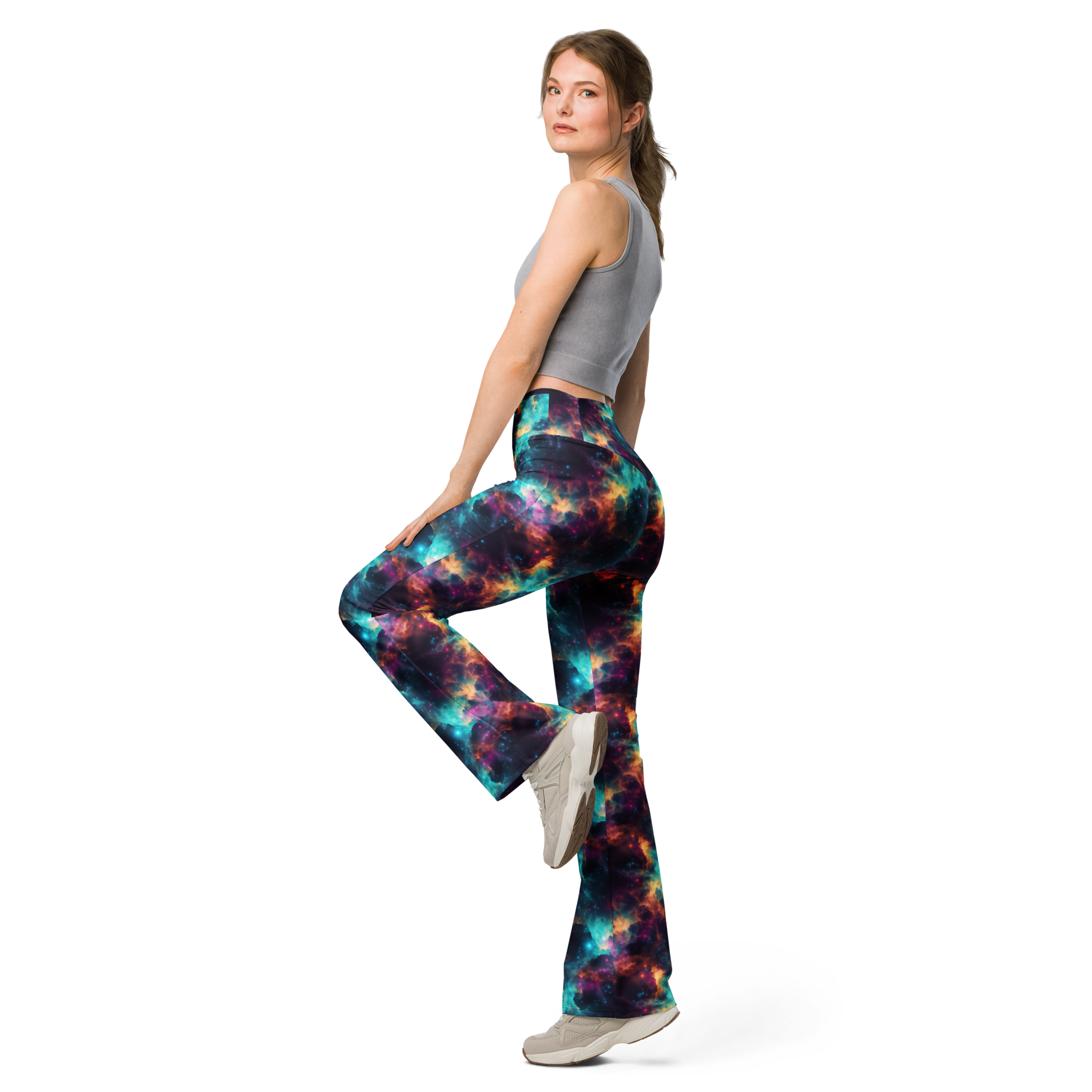 Women's nebula pattern flare leggings front view