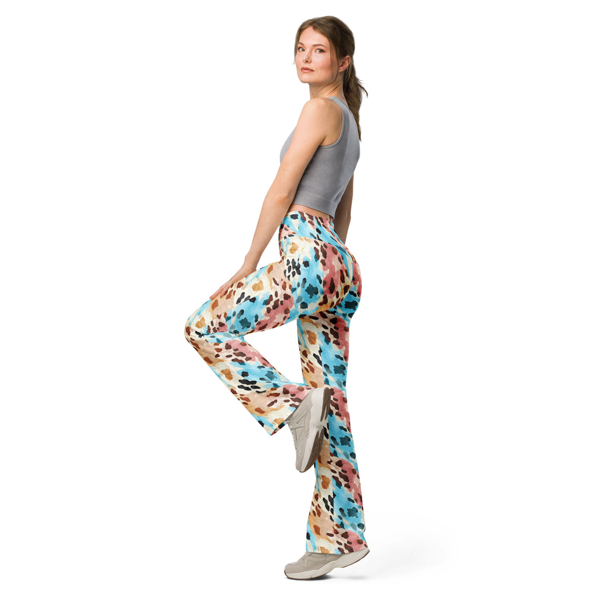 Colorful Cowprint Flare Leggings Left View