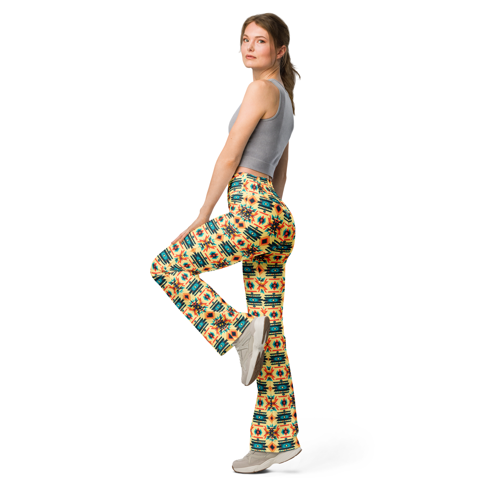 Women's earth tribal pattern flare leggings front view