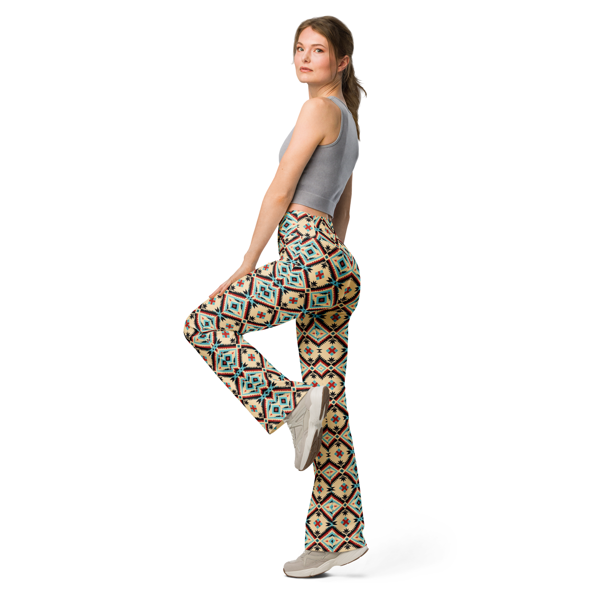 Women's blue water tribal pattern flare leggings front view