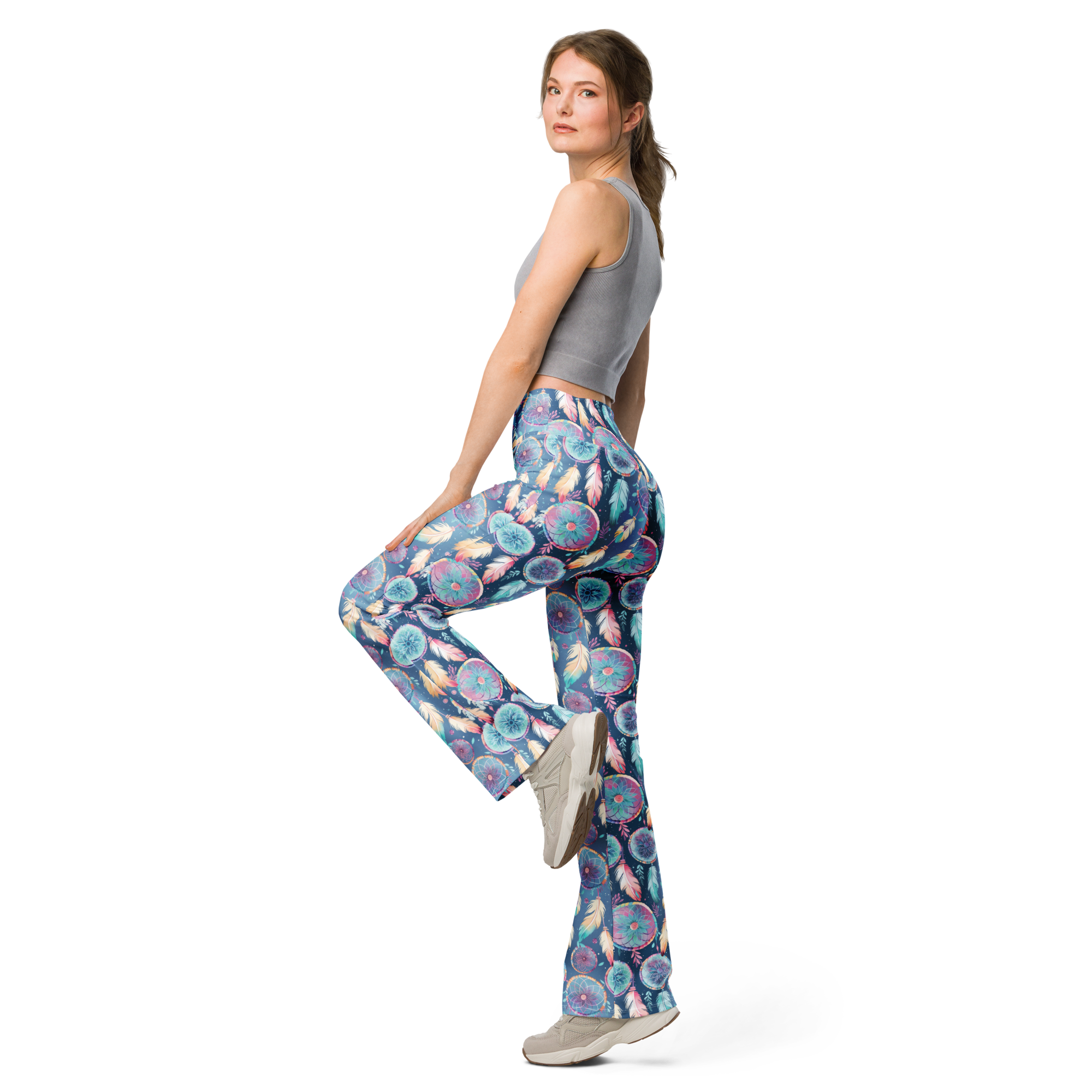 Women's white dream catcher flare leggings front view