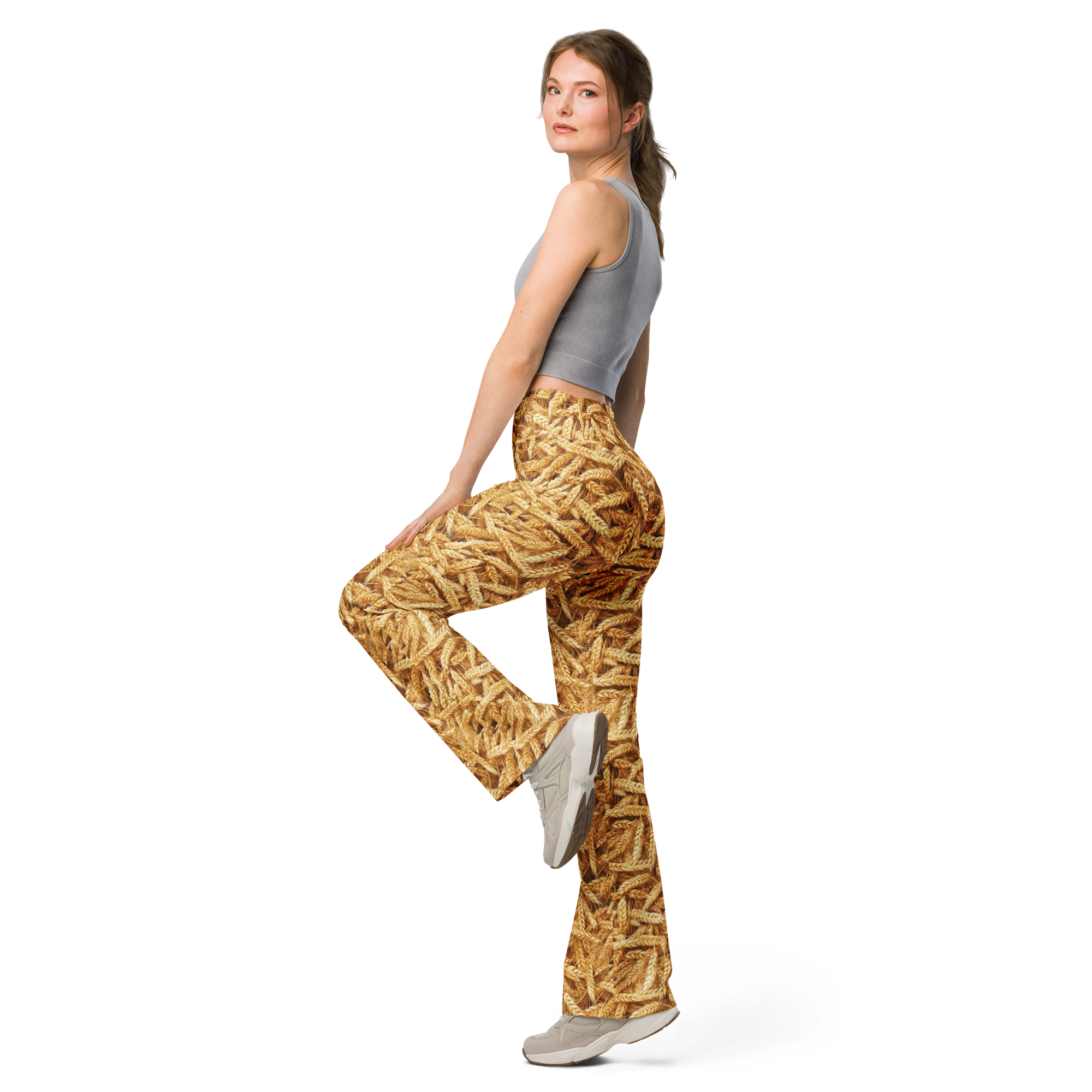 Women's harvest wheat printed flare leggings front view