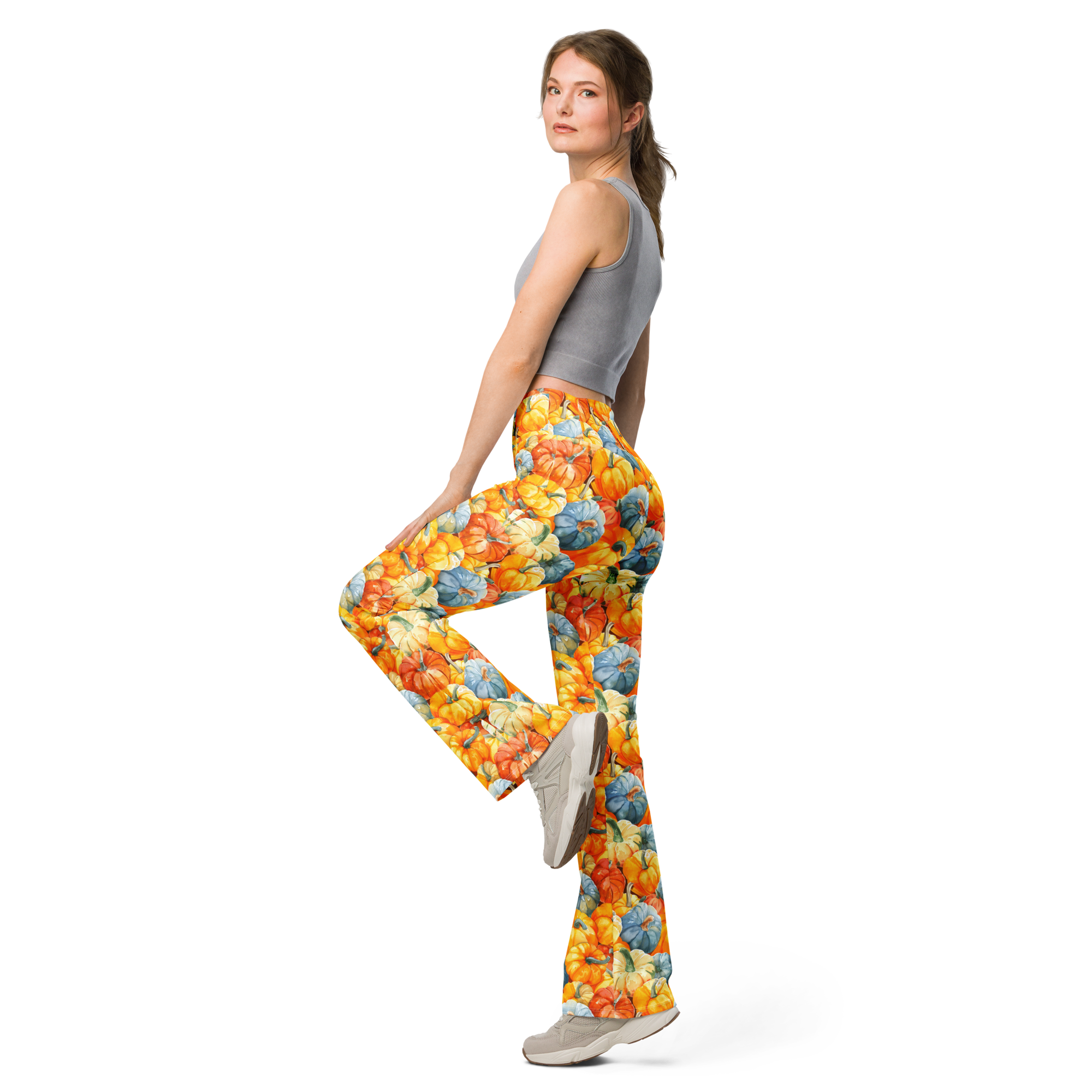 Women's watercolor pumpkin flare leggings front view