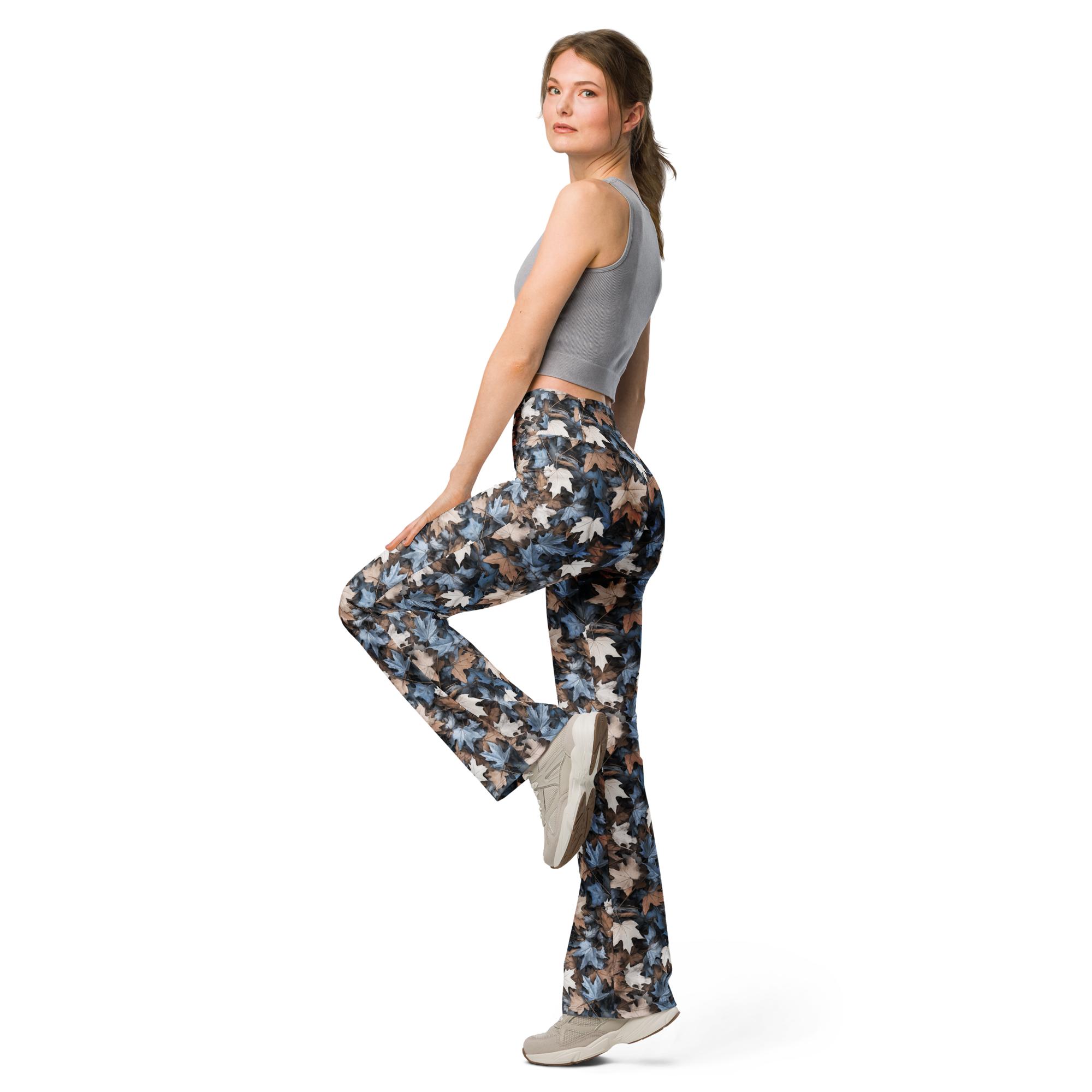 Women's rustic leaf printed flare leggings front view