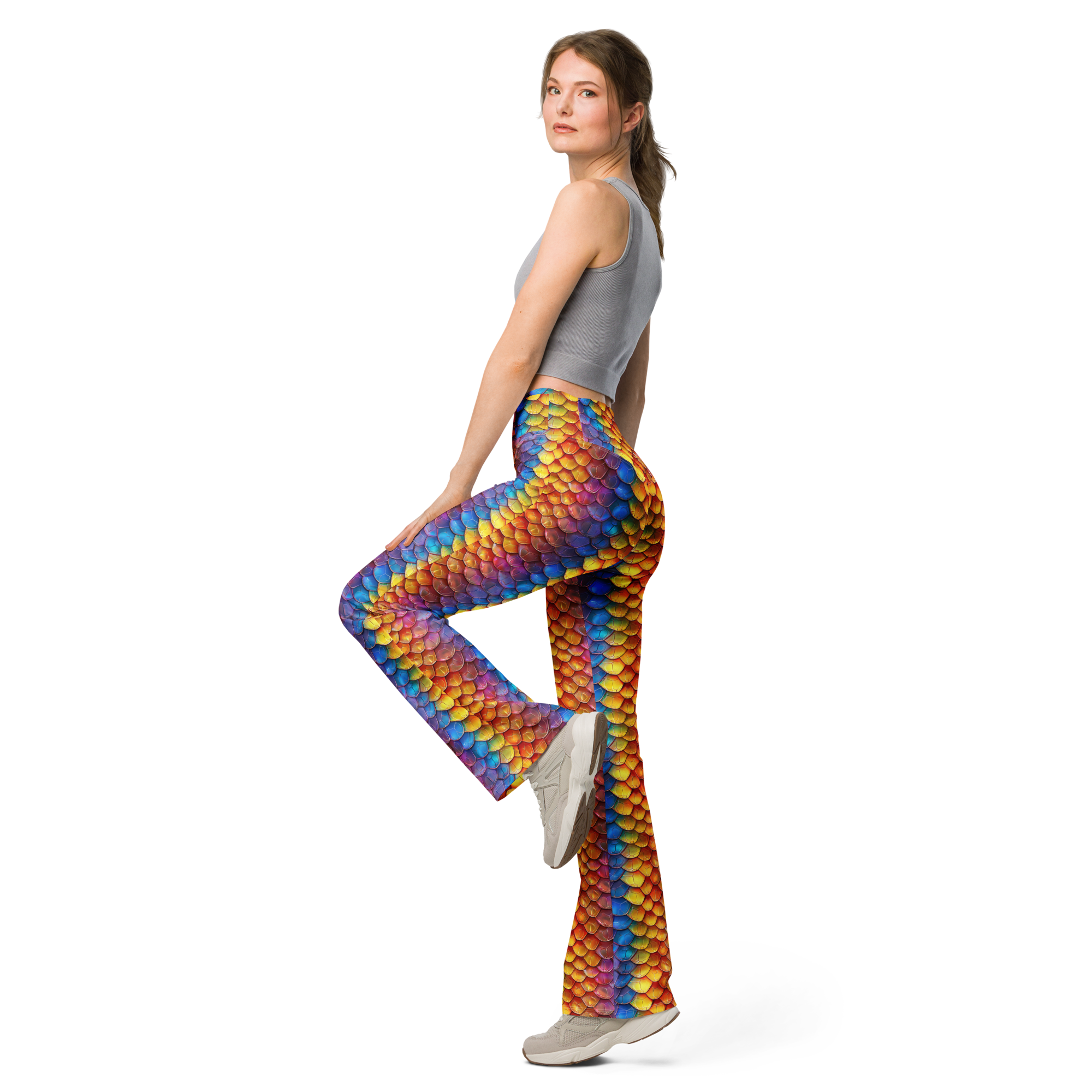 Women's rainbow scales printed flare leggings front view