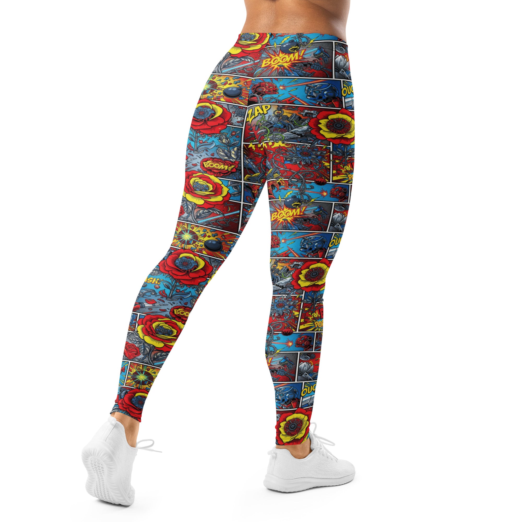 Women's comic strip robot wars printed leggings front view