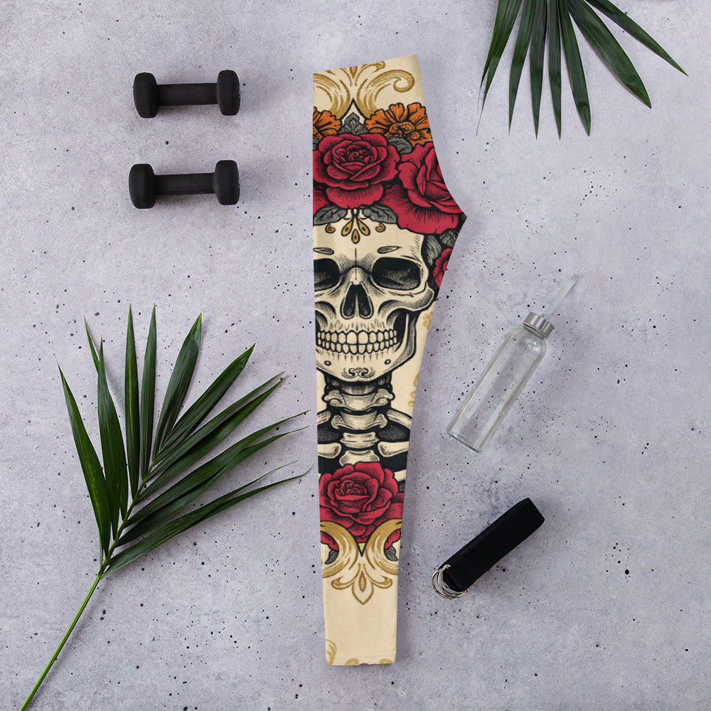 Women's floral sugar skull leggings front view