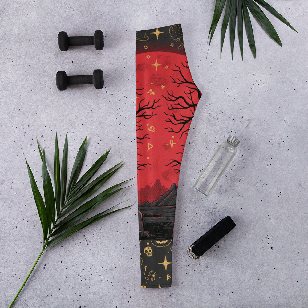 Women's charcoal and blood red samhain blood moon printed leggings front view
