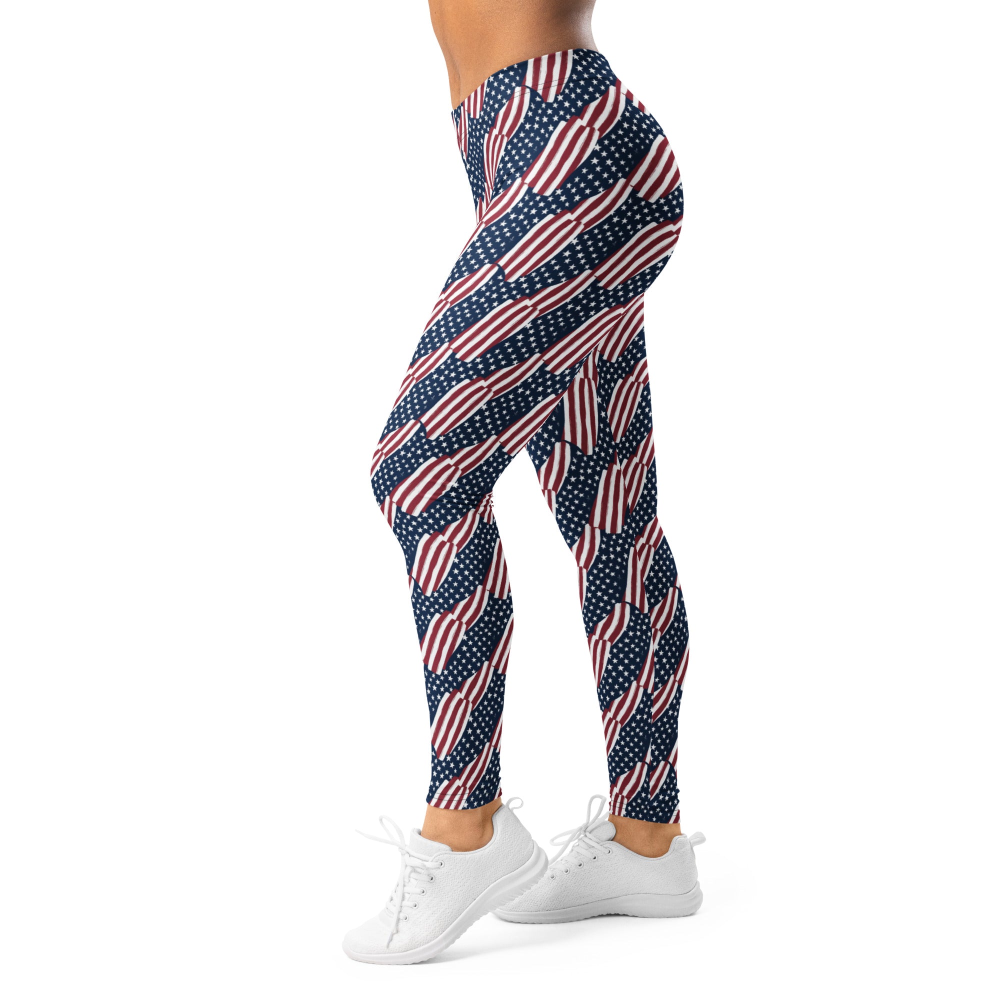 Women's American flag repeat pattern leggings front view