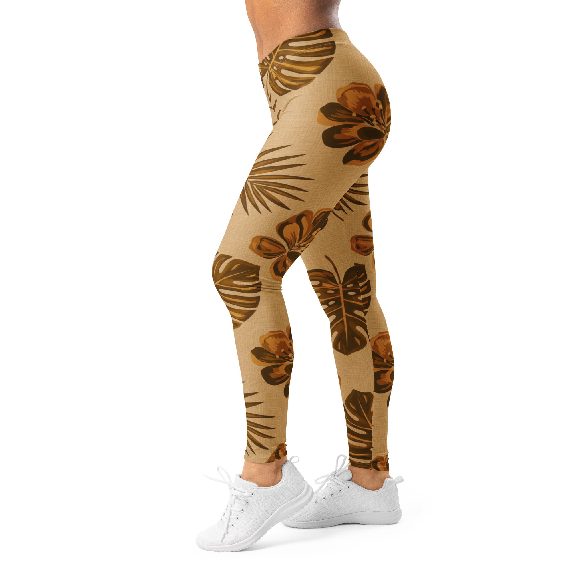Women's mid-century modern leaves printed leggings front view