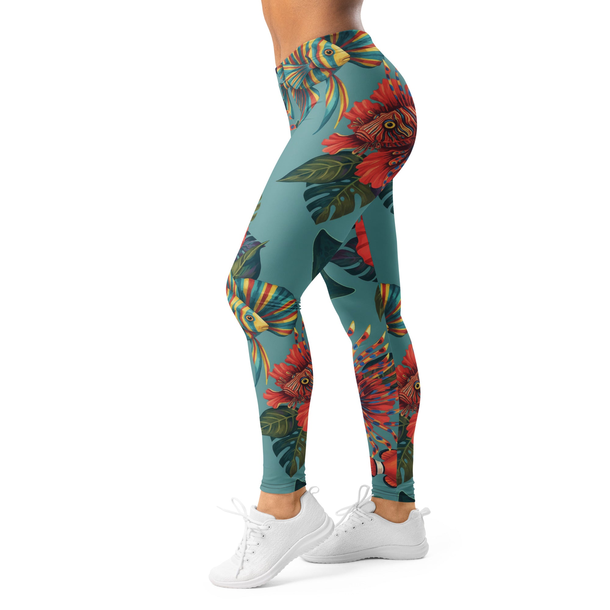 Women's colorful tropical fishes printed leggings front view