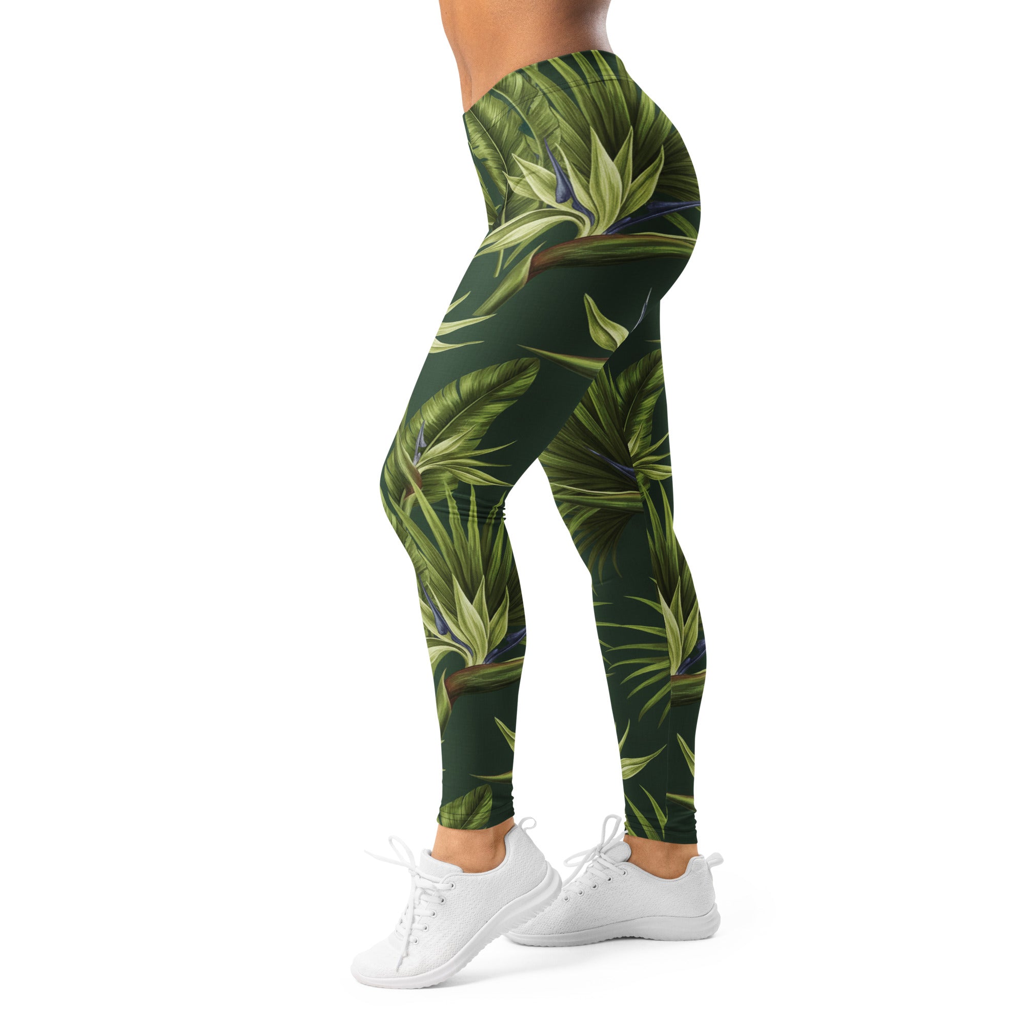 Women's tropical palm grove printed leggings front view