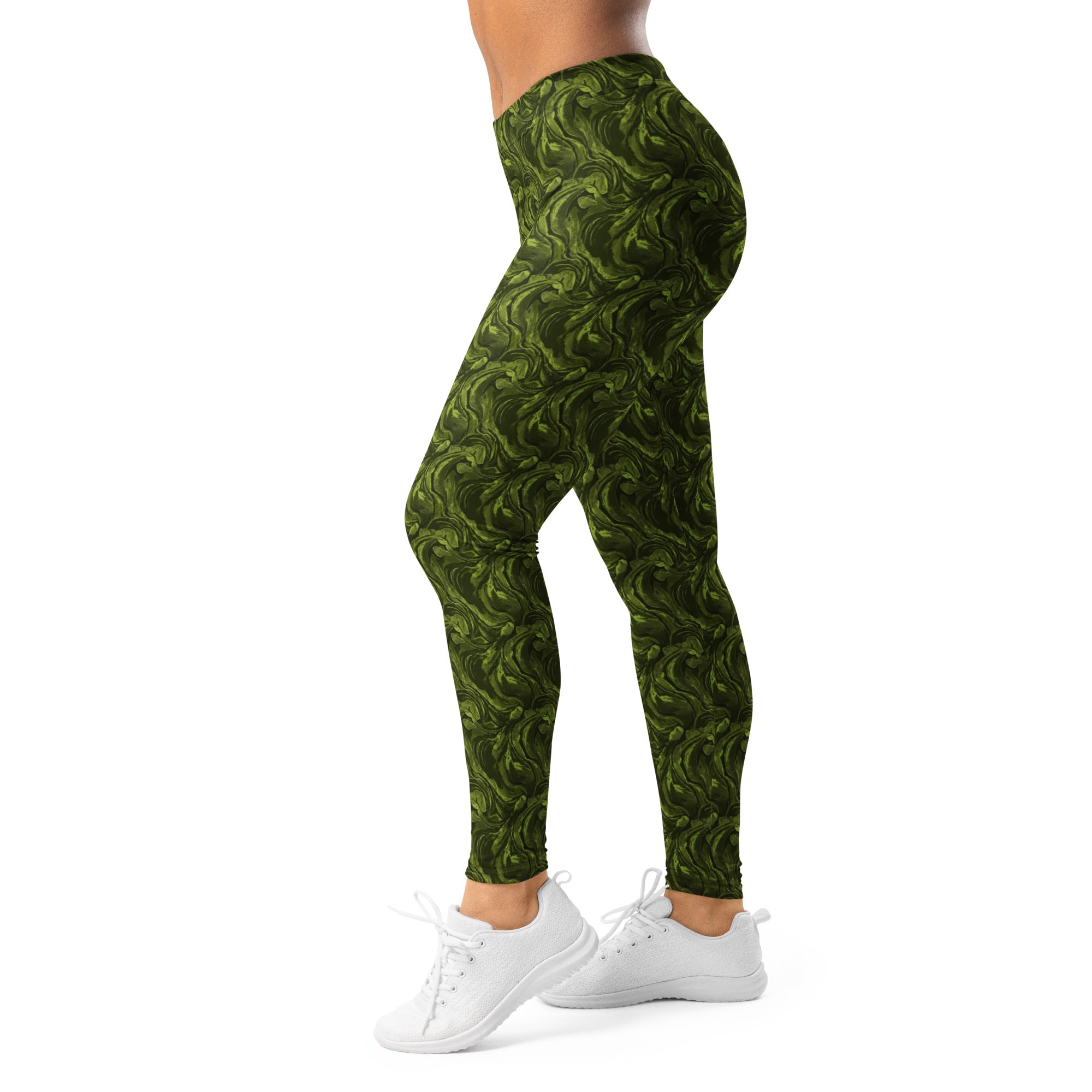 Women's olive green velvet leggings front view