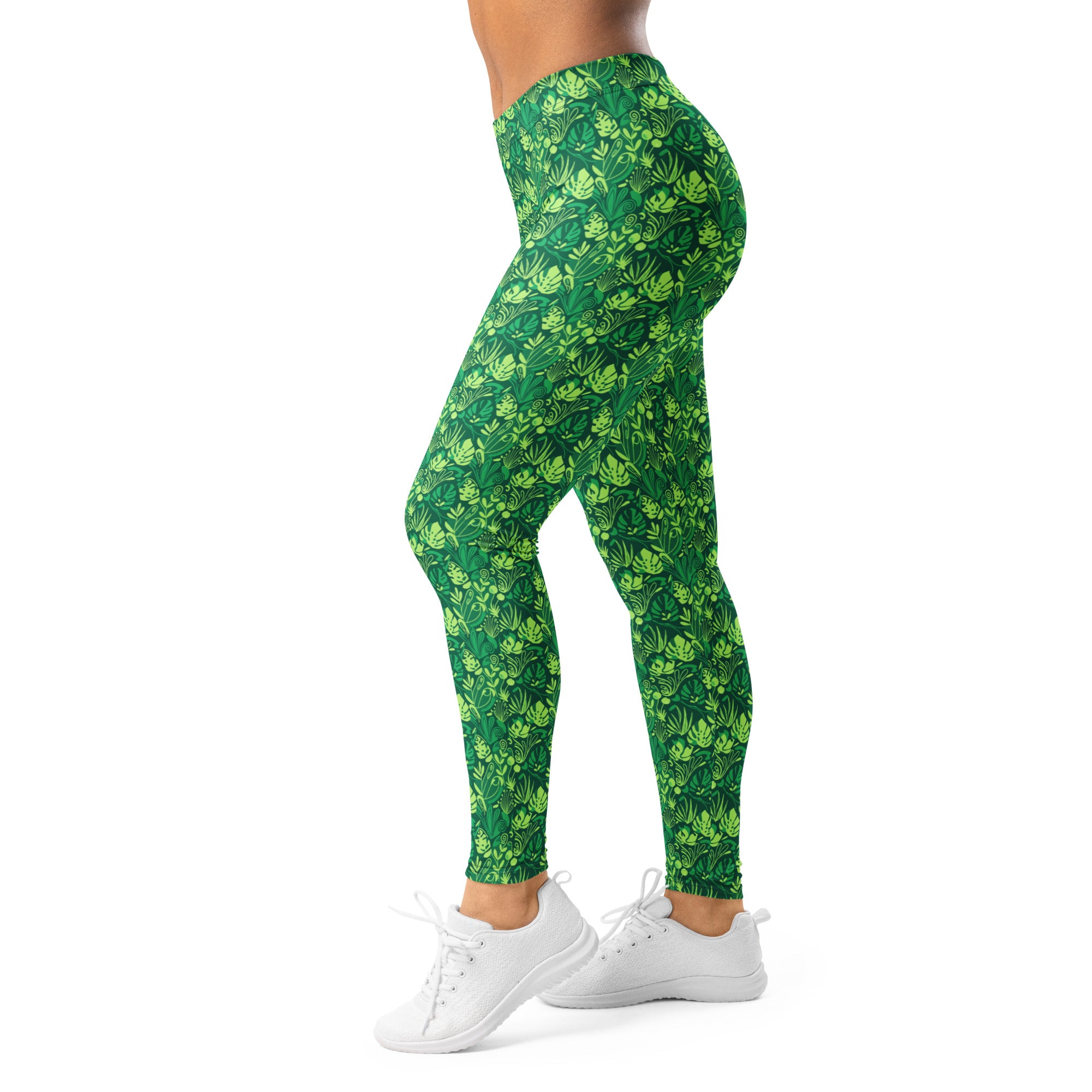 Women's minimalist plant illustration printed leggings front view