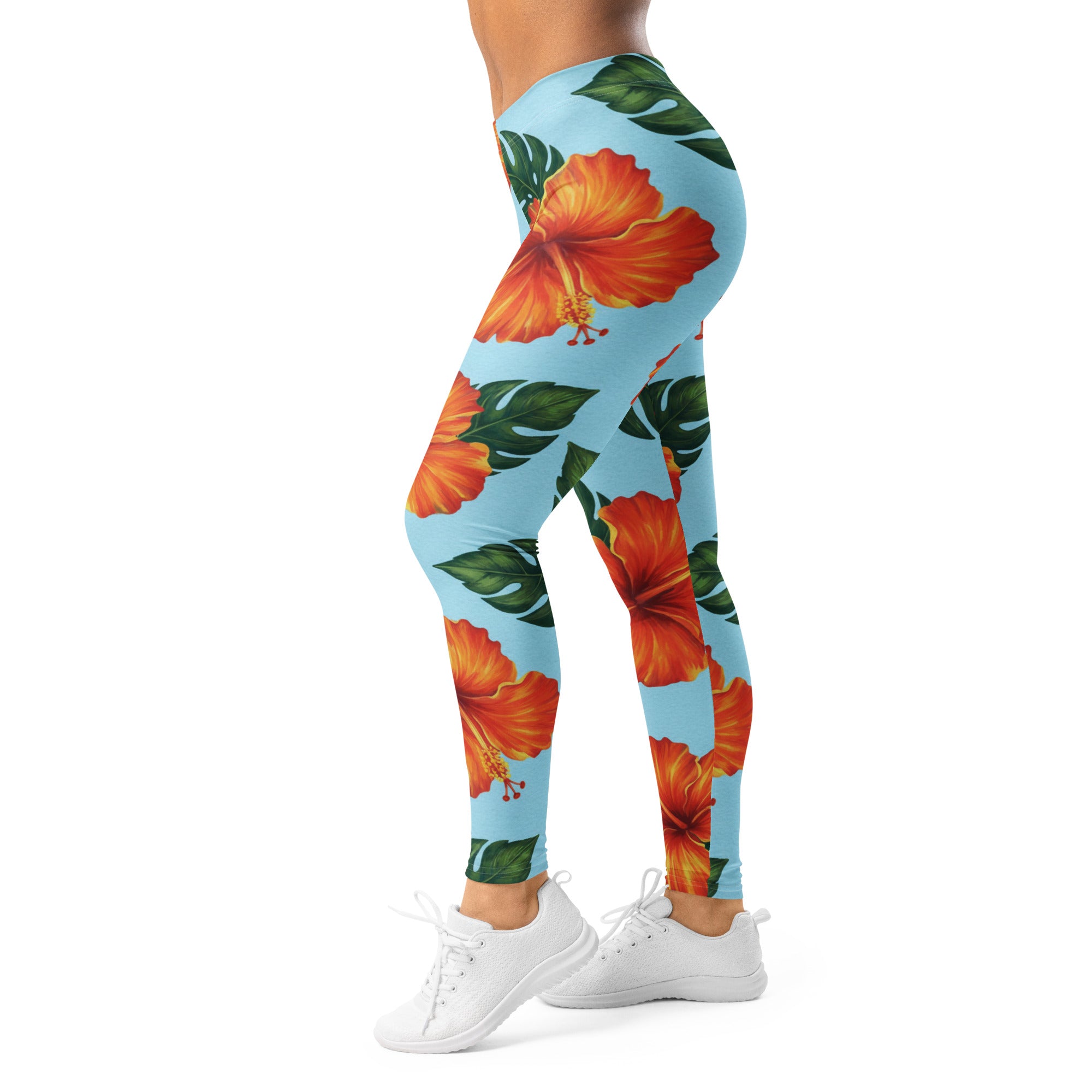 Women's tropical hibiscus bloom printed leggings front view