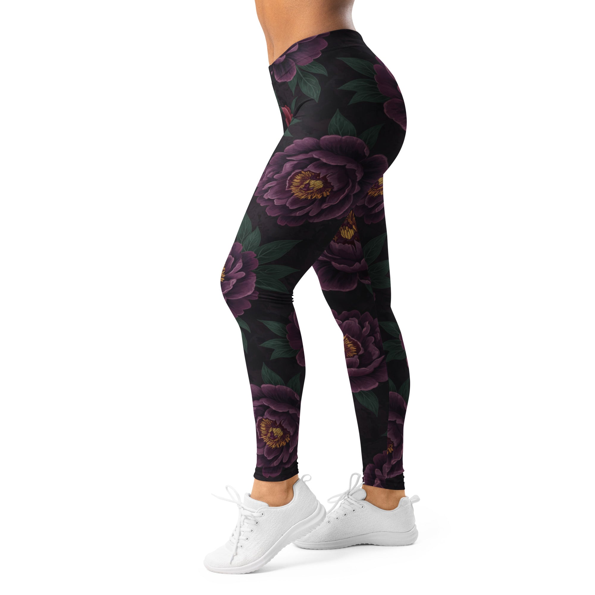 Women's dark moody peonies leggings front view