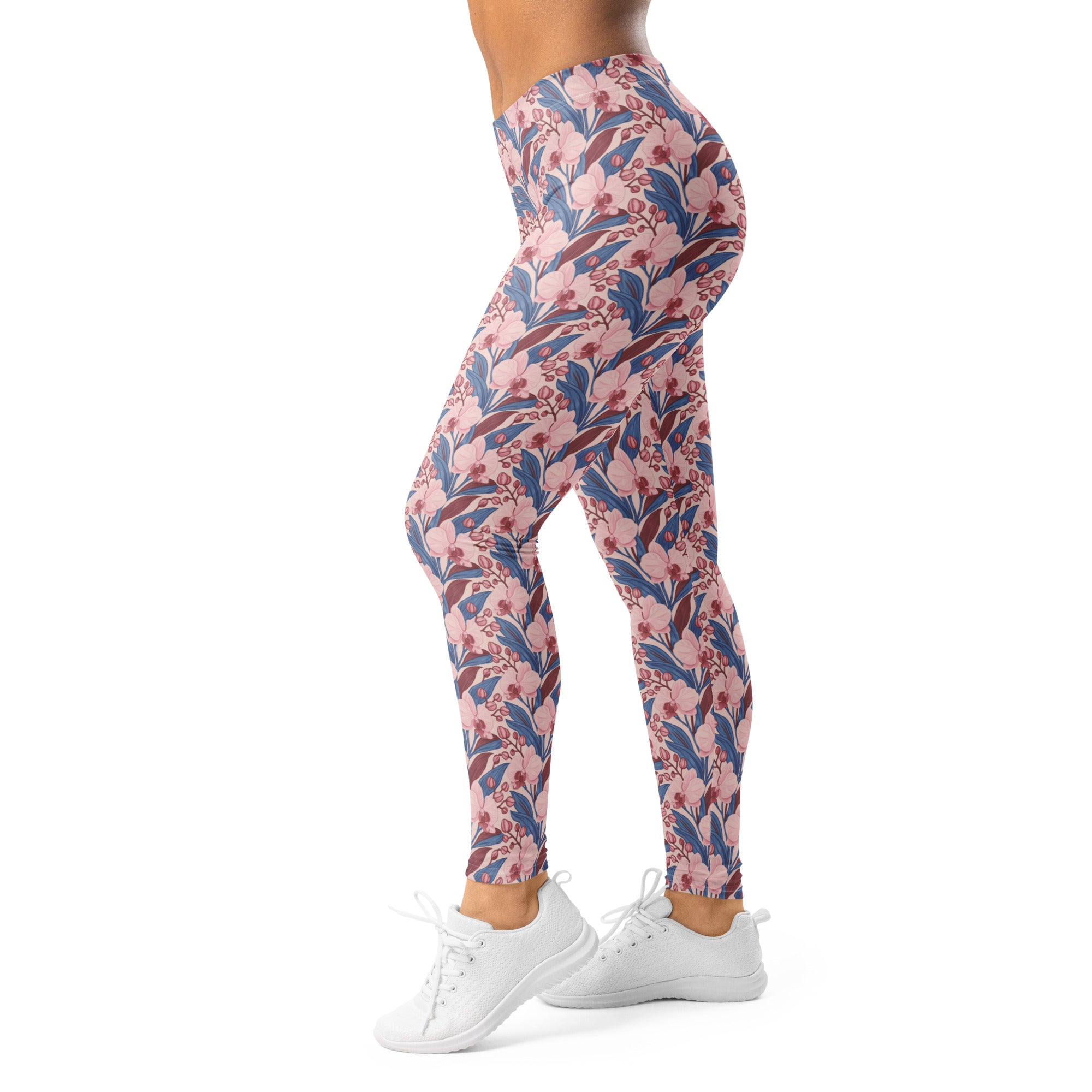 Women's pink orchid botanical printed leggings front view