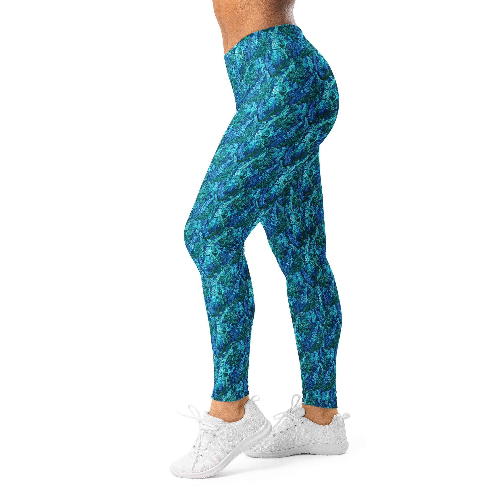 Women's blue ferns print leggings front view