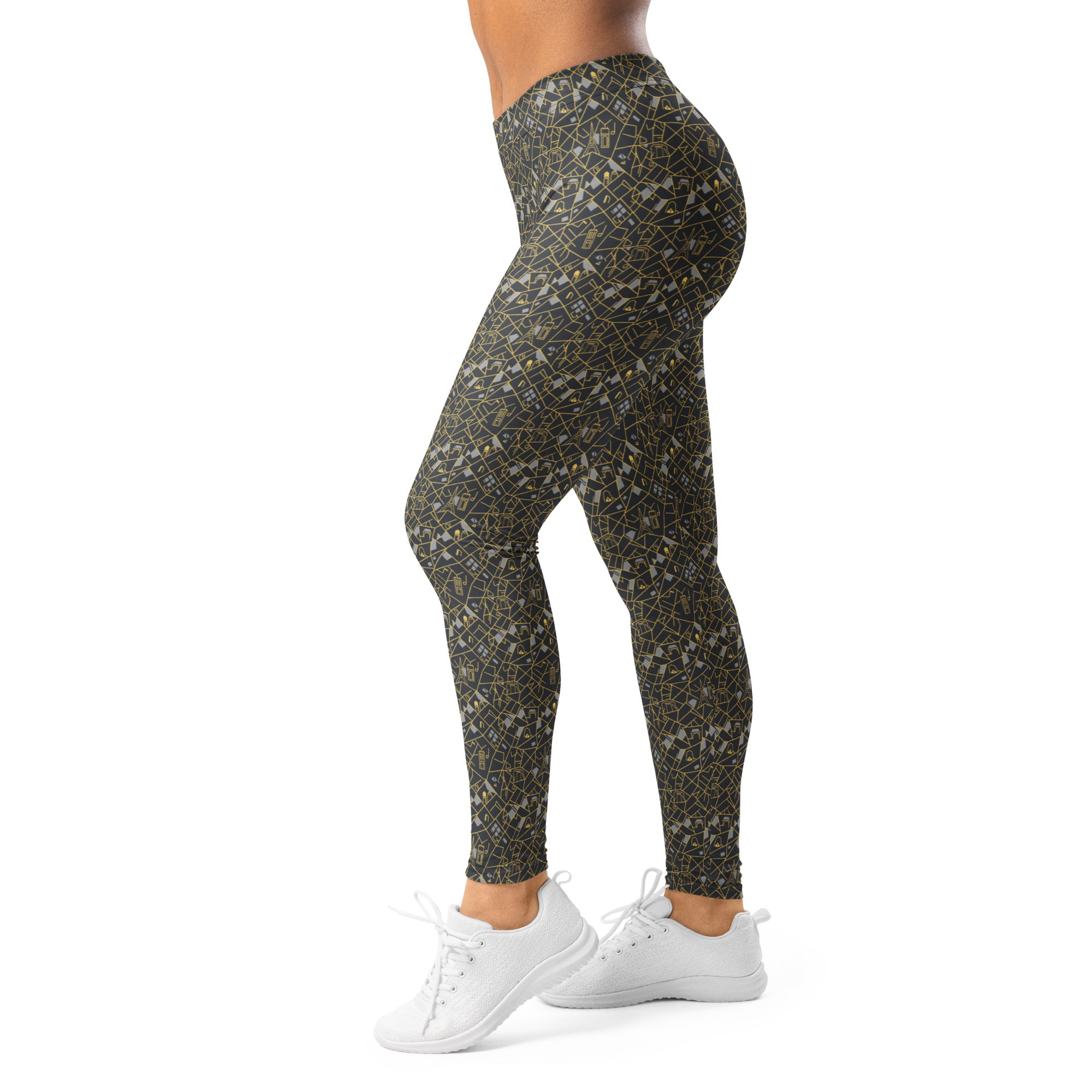 Women's grey and gold paris map leggings front view